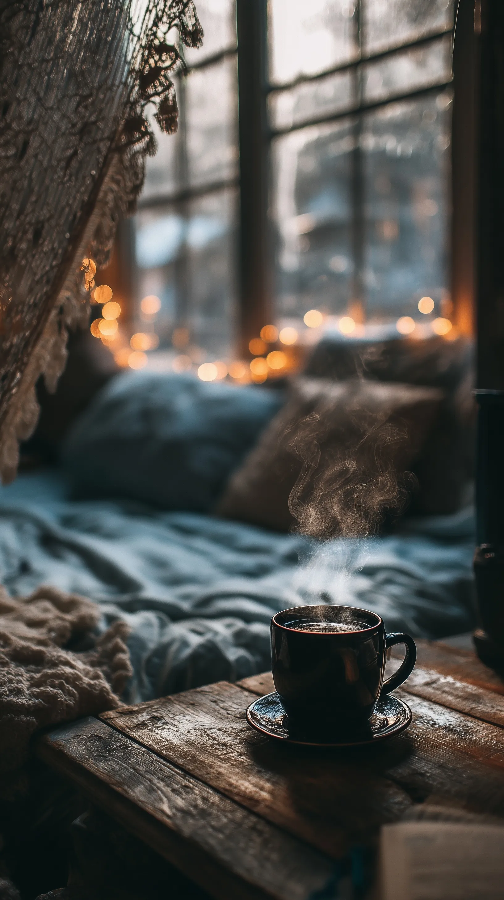 Cozy bedroom with a steaming mug of hot chocolate on a table by a rainy window, perfect for a sleepy morning.