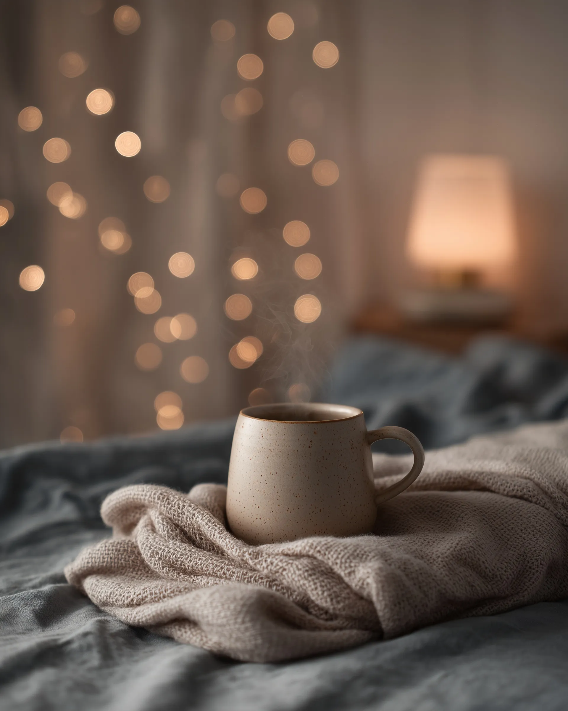 Minimalist cozy morning coffee wallpaper with a steaming mug, warm blanket, and soft lamp light in a neutral interior.