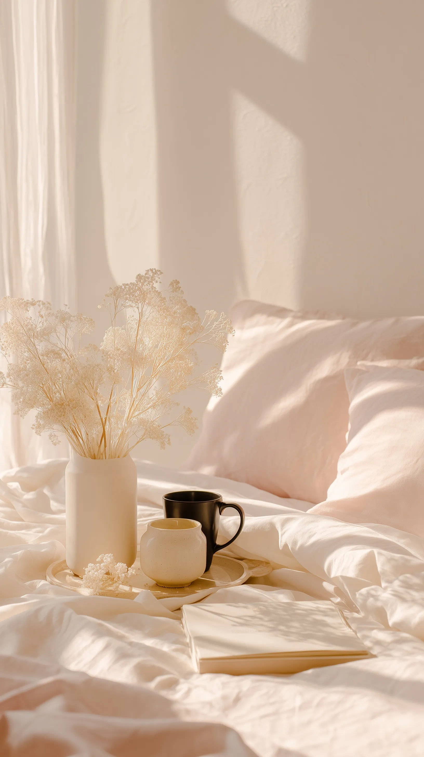 A cozy morning coffee scene with aesthetic blush pink tones, natural window light, and elegant minimal styling.