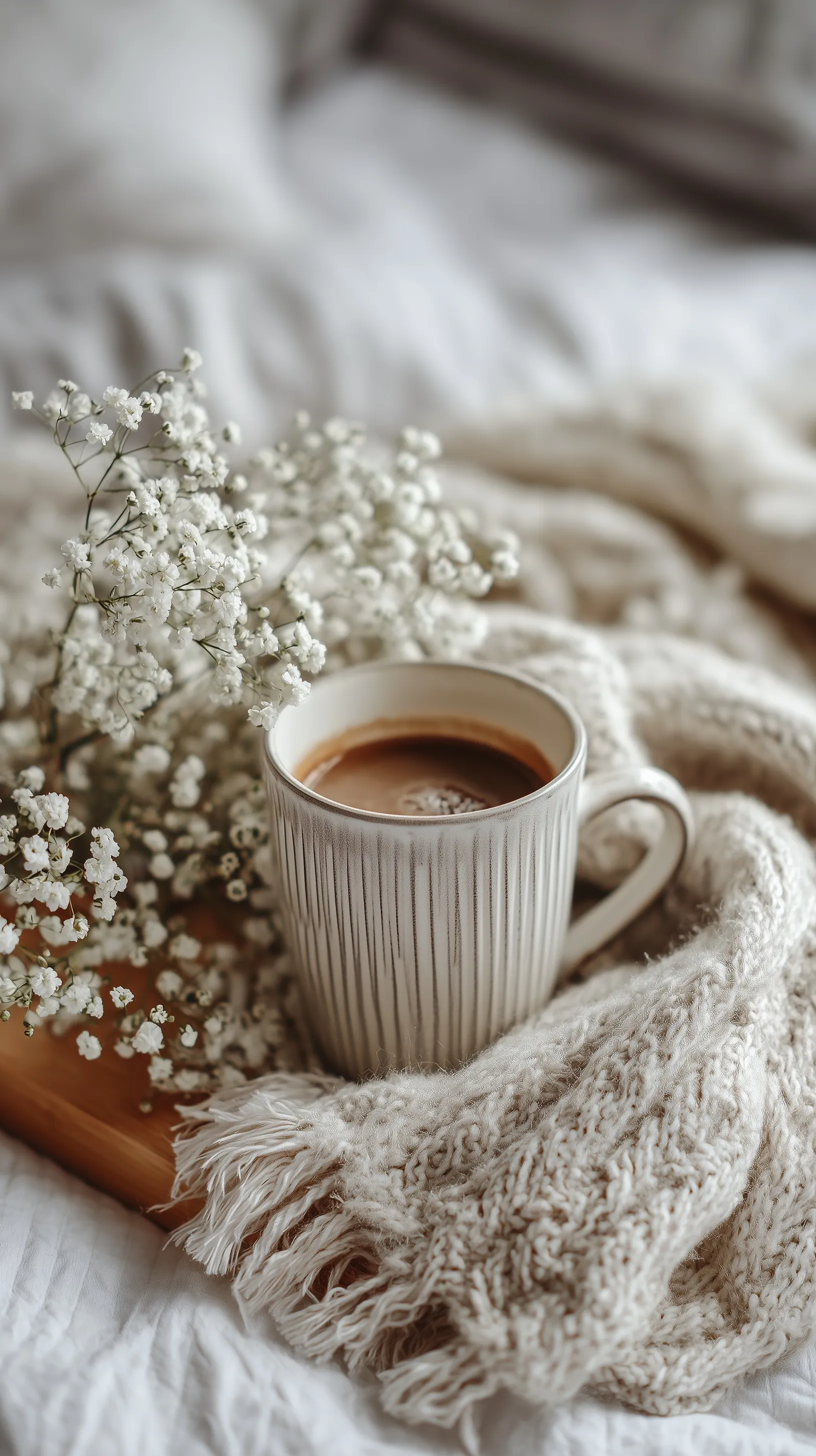 A cozy morning coffee cup on a table, perfect for a romantic winter or Valentine's Day lifestyle wallpaper.