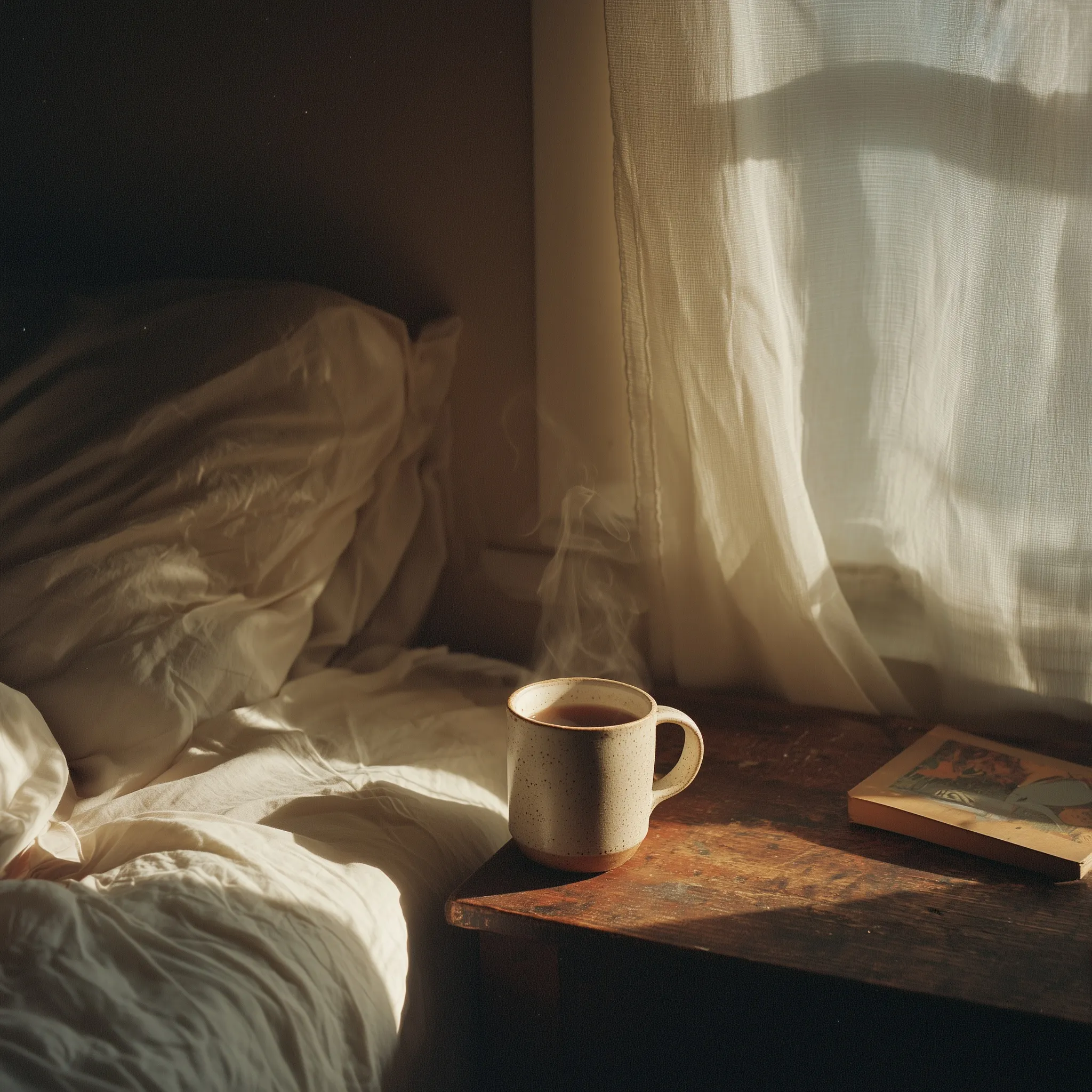A cozy morning coffee scene with steam, messy white bed sheets, and soft sunlight in a rustic bedroom.