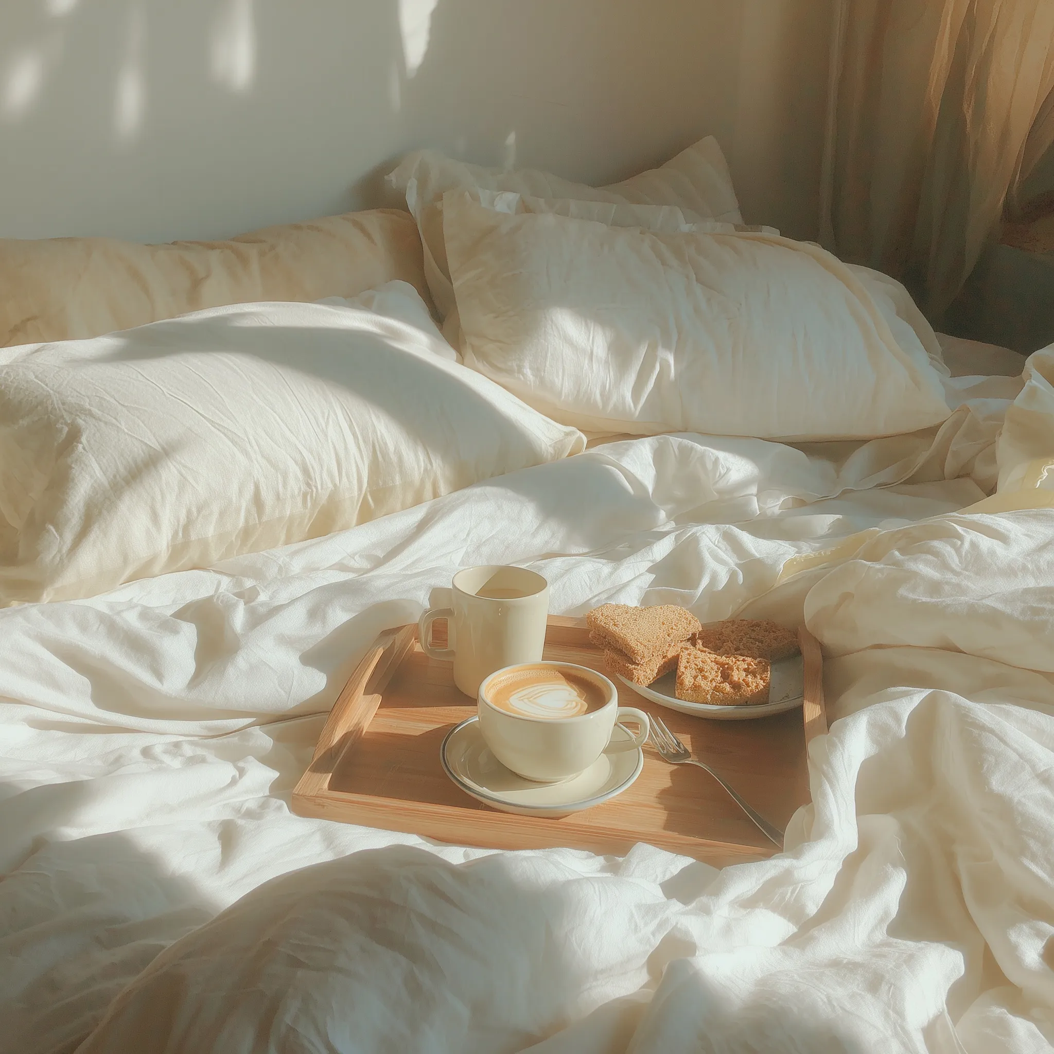 Morning coffee with a cappuccino and rusk on a tray over messy white bed sheets in soft sunlight.