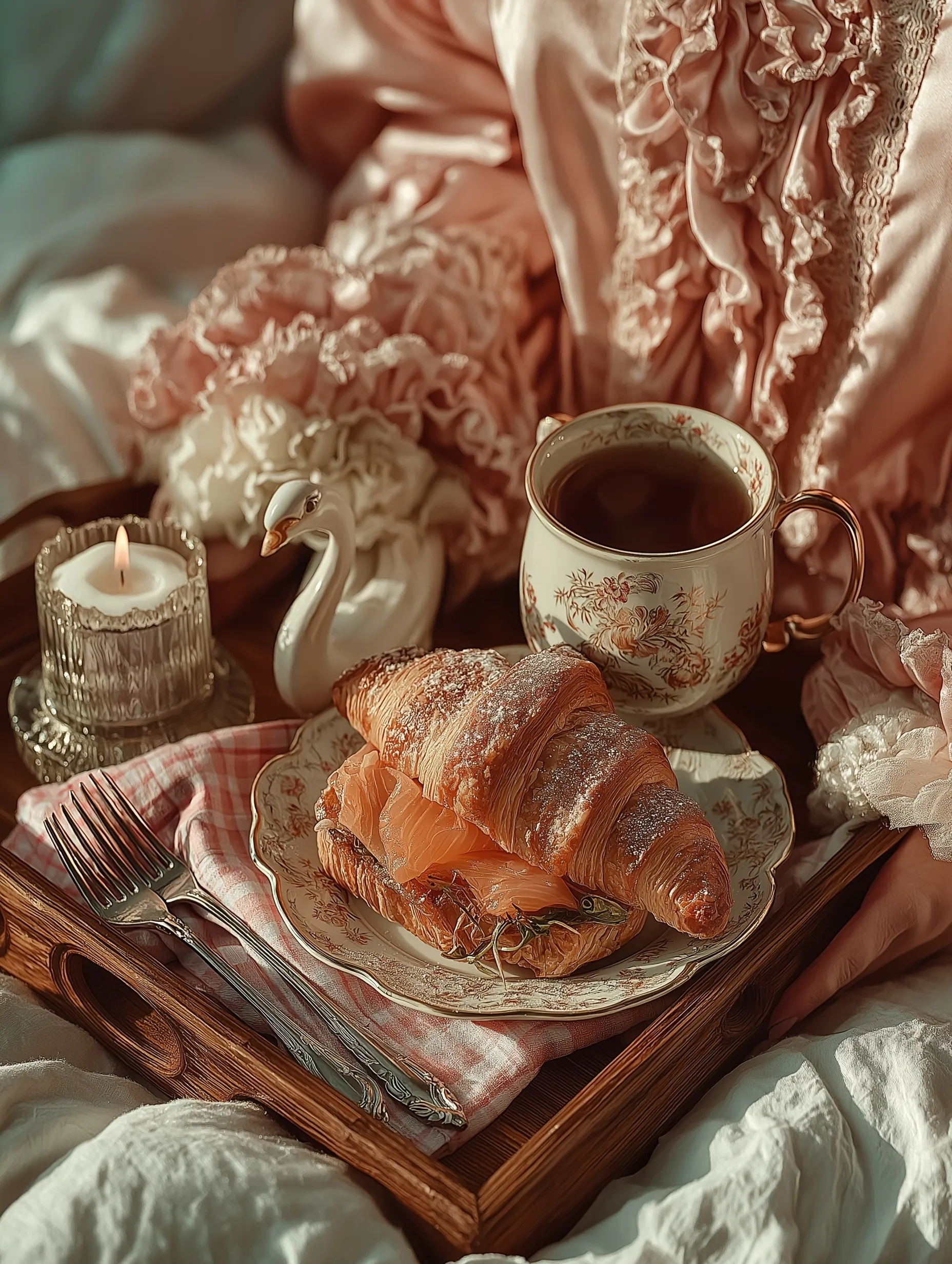 Coquette aesthetic morning coffee in bed with a salmon croissant on a bamboo tray atop rumpled white linen sheets.