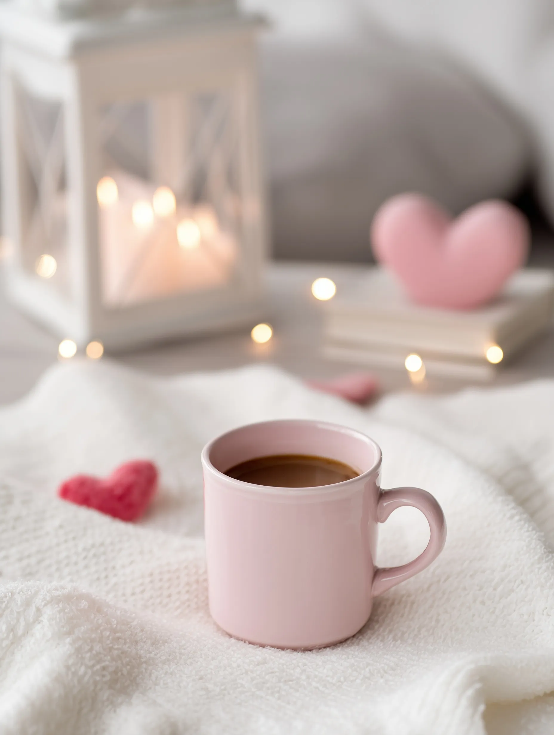 Close up of a pink coffee cup on a cozy white blanket with romantic Valentine’s Day decor in the background.