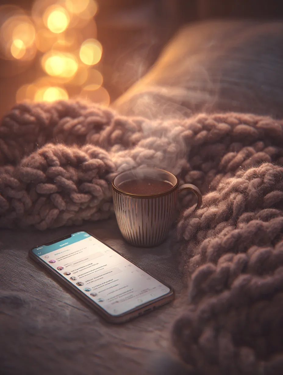 Cozy morning coffee with steam, a chunky knit blanket, and a smartphone displaying a friendly Telegram chat.