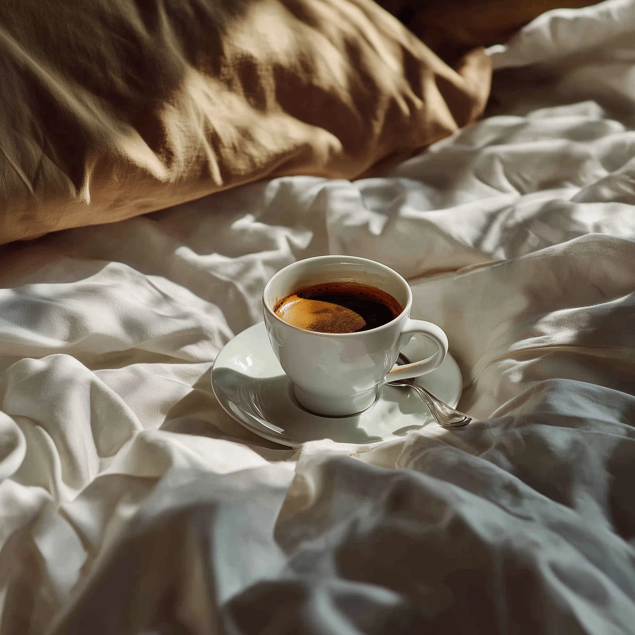 A half-full cup of espresso rests on rumpled white hotel bed linens with cinematic lighting and soft shadows.