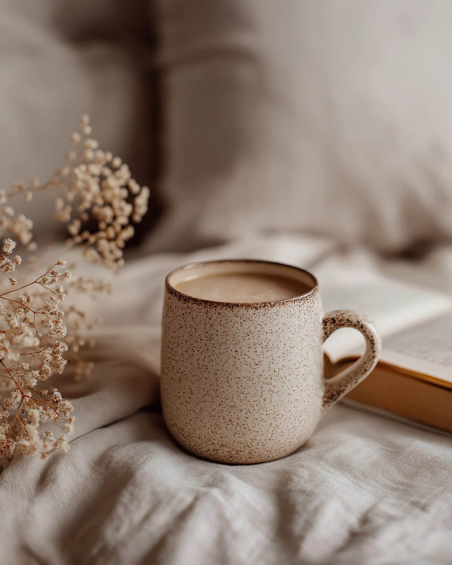 A ceramic mug on a bedside table in a cozy, minimal bedroom with soft, muted beige and ivory tones.