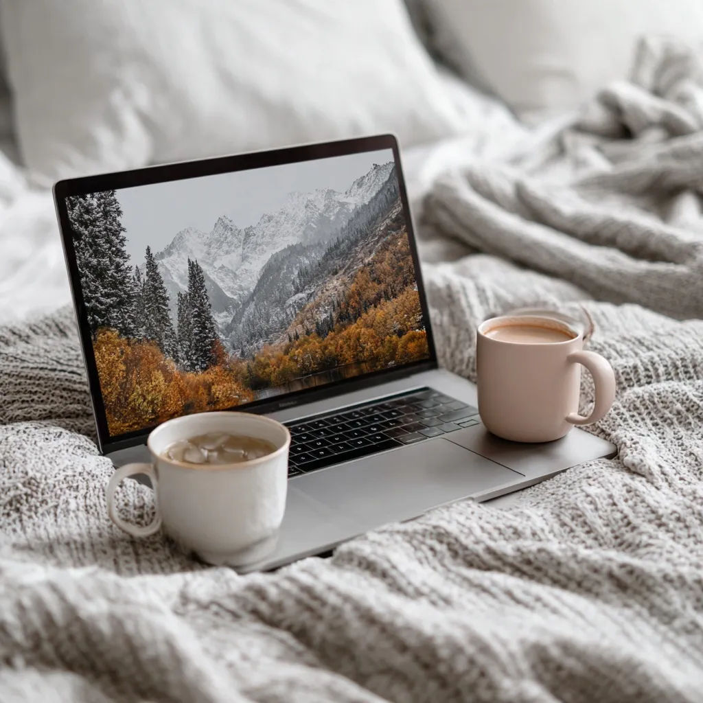 Flat lay of a laptop on a wooden desk with a morning coffee, perfect for web design and creative workspace themes.