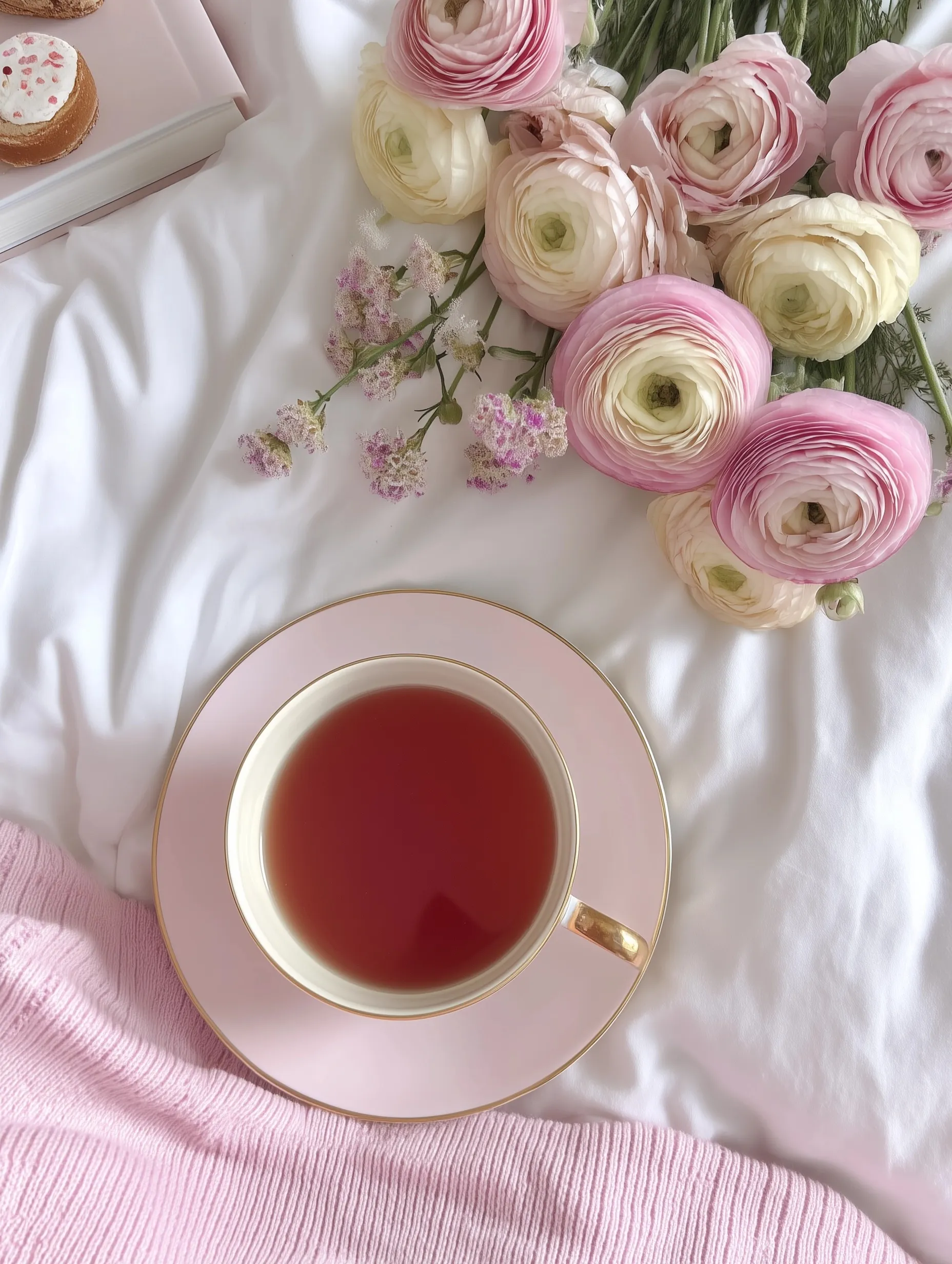 A top-down view of a delicate tea cup and fresh pink ranunculus flowers on a soft white bed in calm morning light.