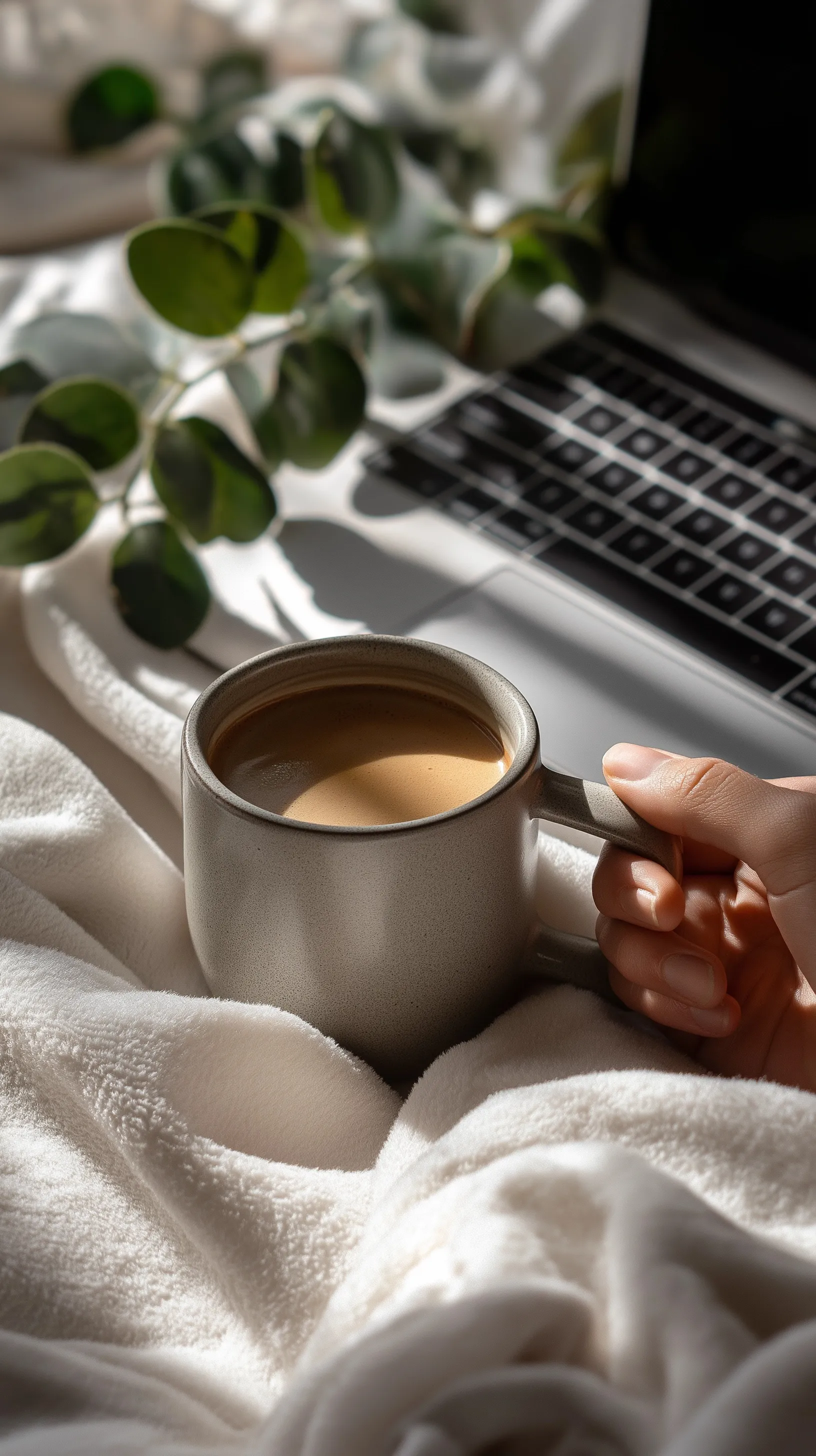 A person holding a ceramic coffee mug on a white fleece blanket next to a MacBook with soft spring leaf shadows.