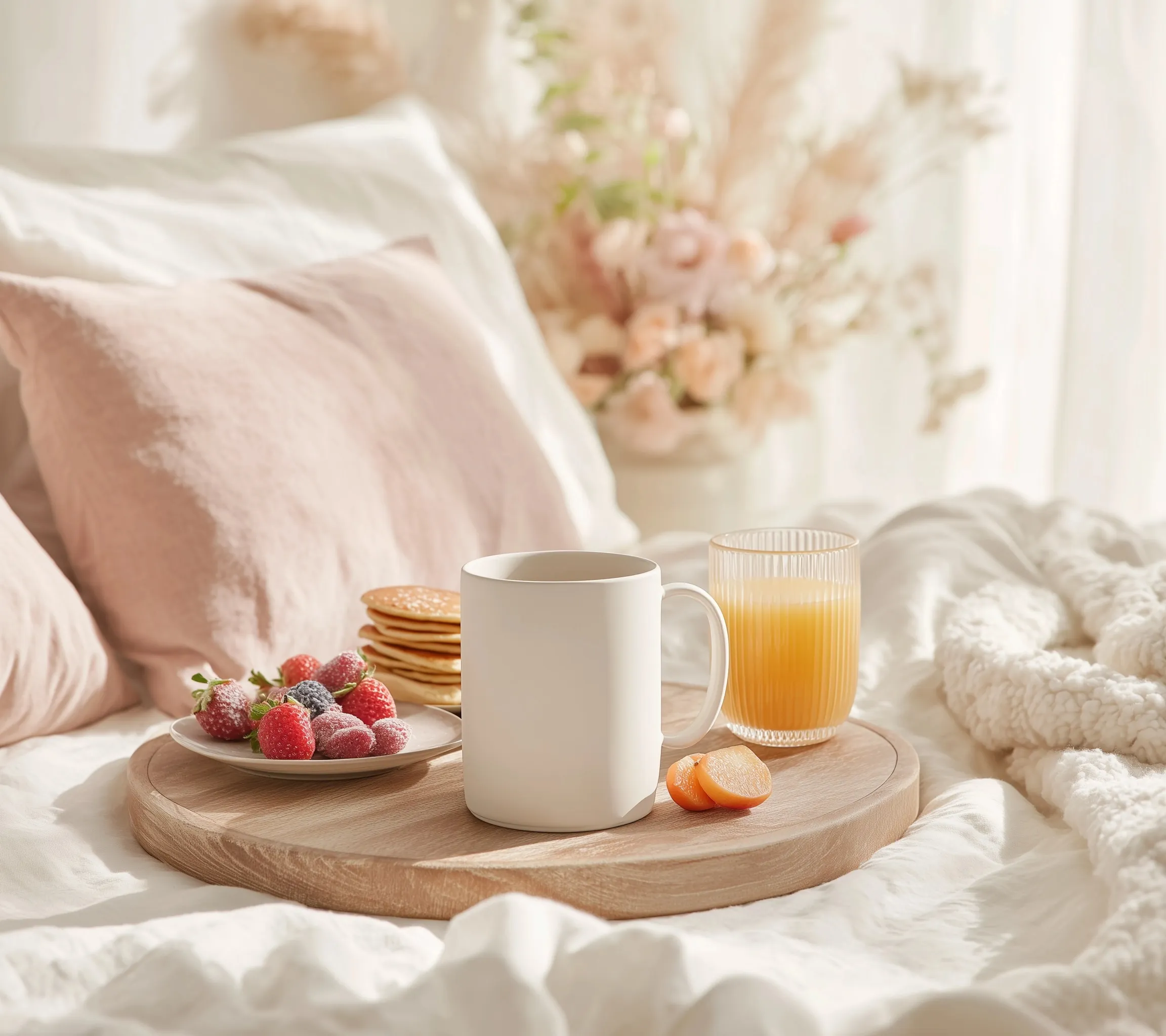 A white ceramic coffee mug on a wooden breakfast tray in bed with pancakes, orange juice, and soft morning light.