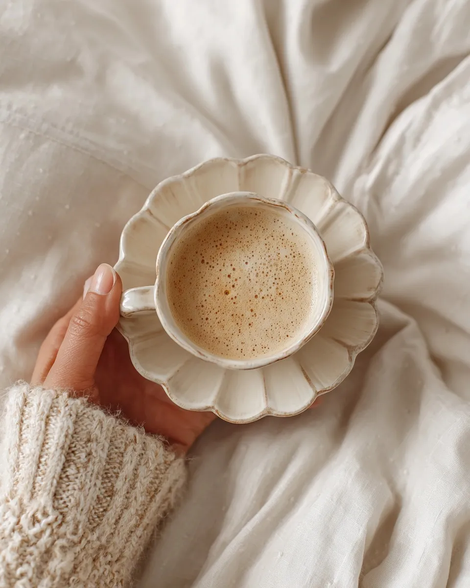 Feminine hand holding a cappuccino cup in an ivory cashmere sweater against a neutral linen and bedsheet background.