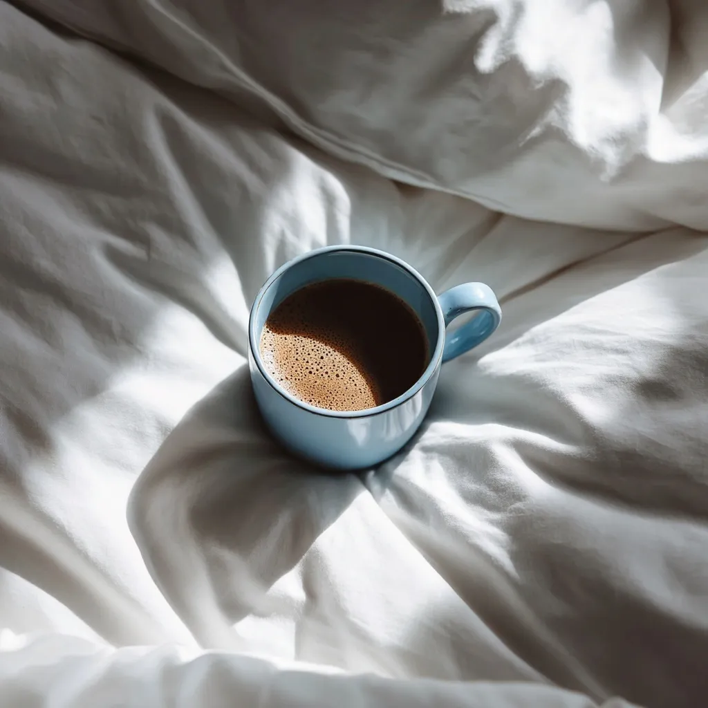 Top view of a blue ceramic coffee mug on a white bed with soft early morning sunlight.