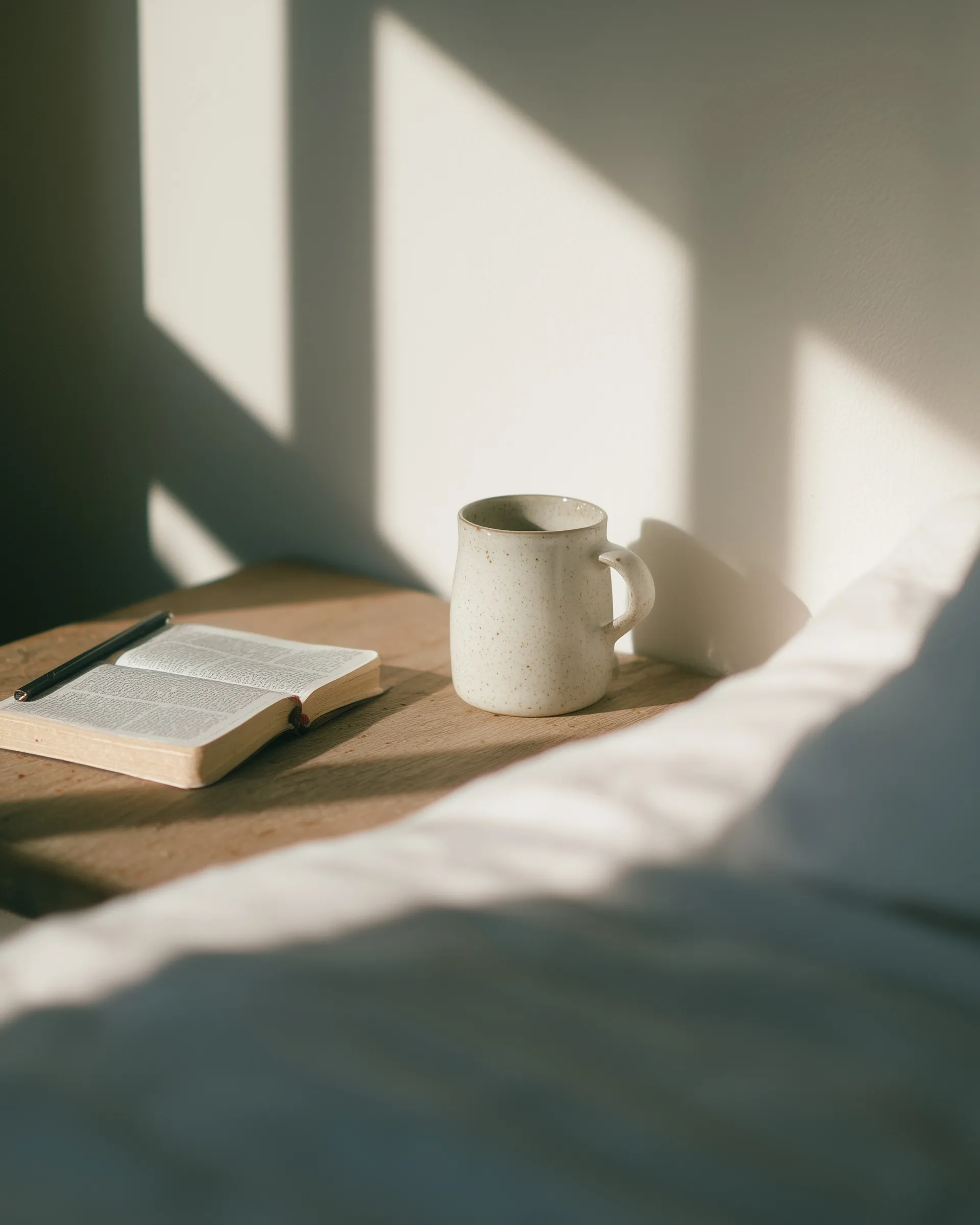 A steaming coffee mug next to a worn Bible and notepad on a desk in soft morning light, cinematic still life.