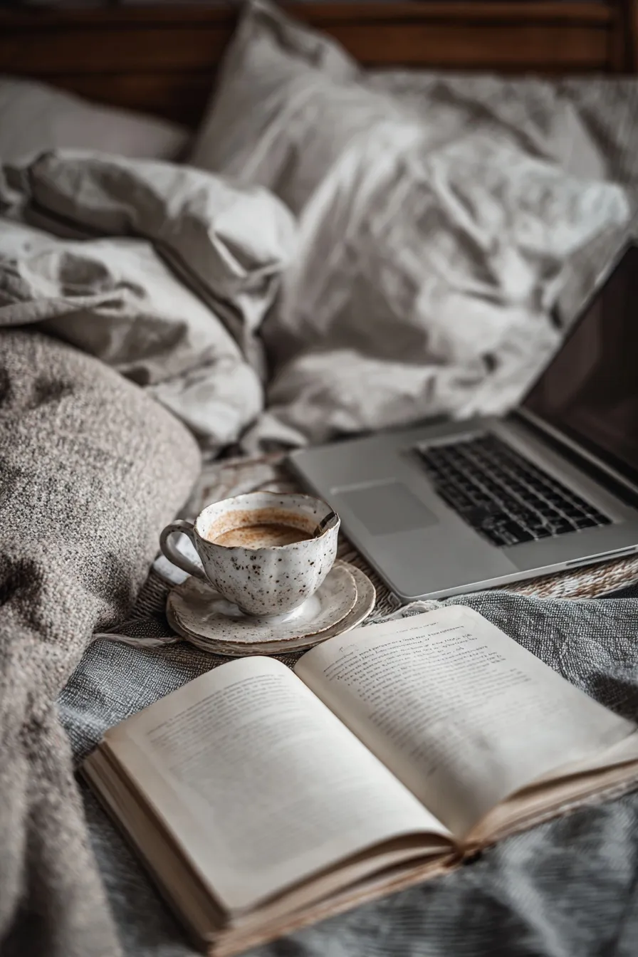 Cozy morning scene with a cup of coffee, notebook, and laptop on a bedside table while reading under warm covers.