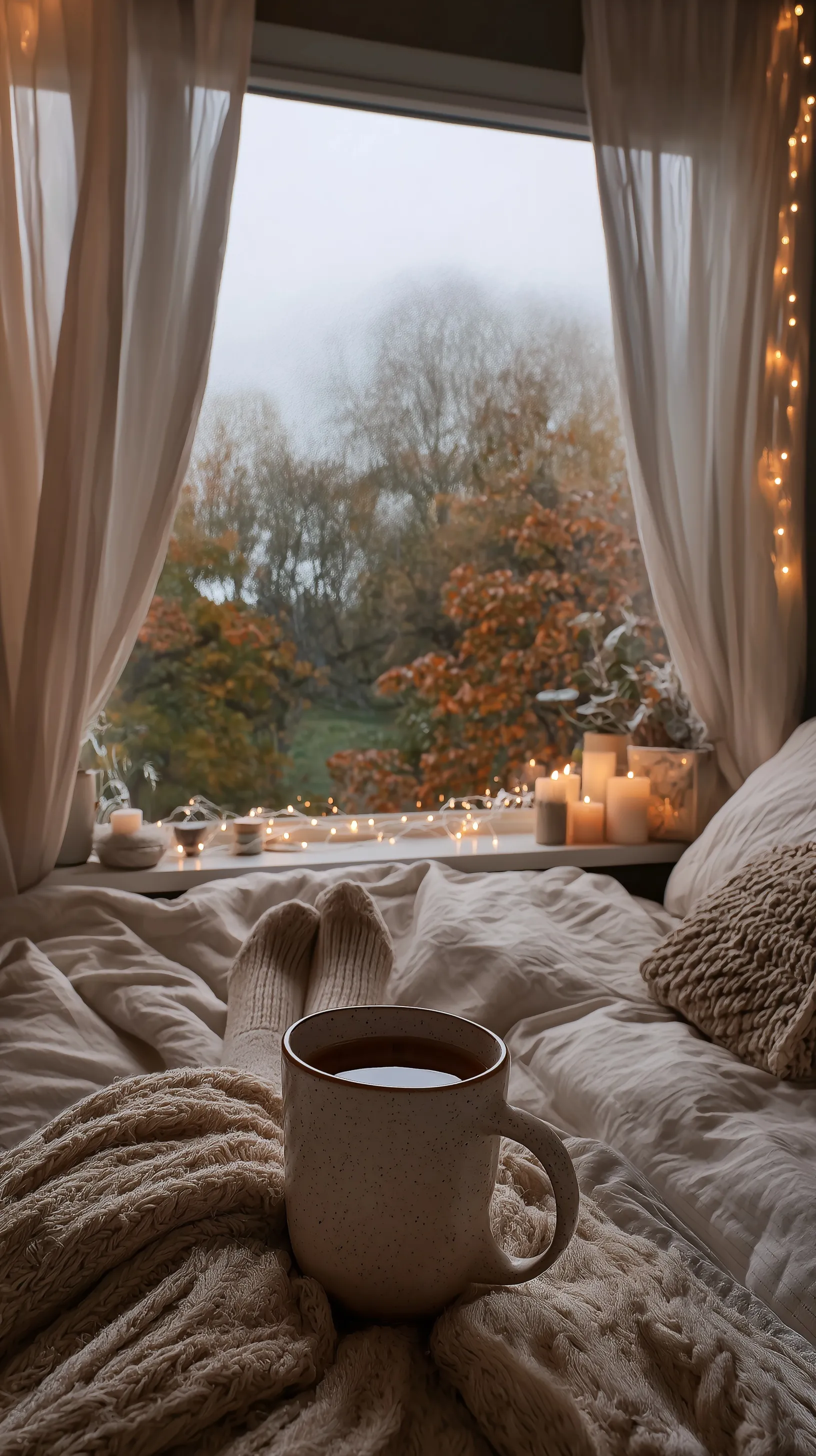 Cozy rainy autumn morning in bed with coffee, wearing wool socks under a knit blanket in a boho apartment.