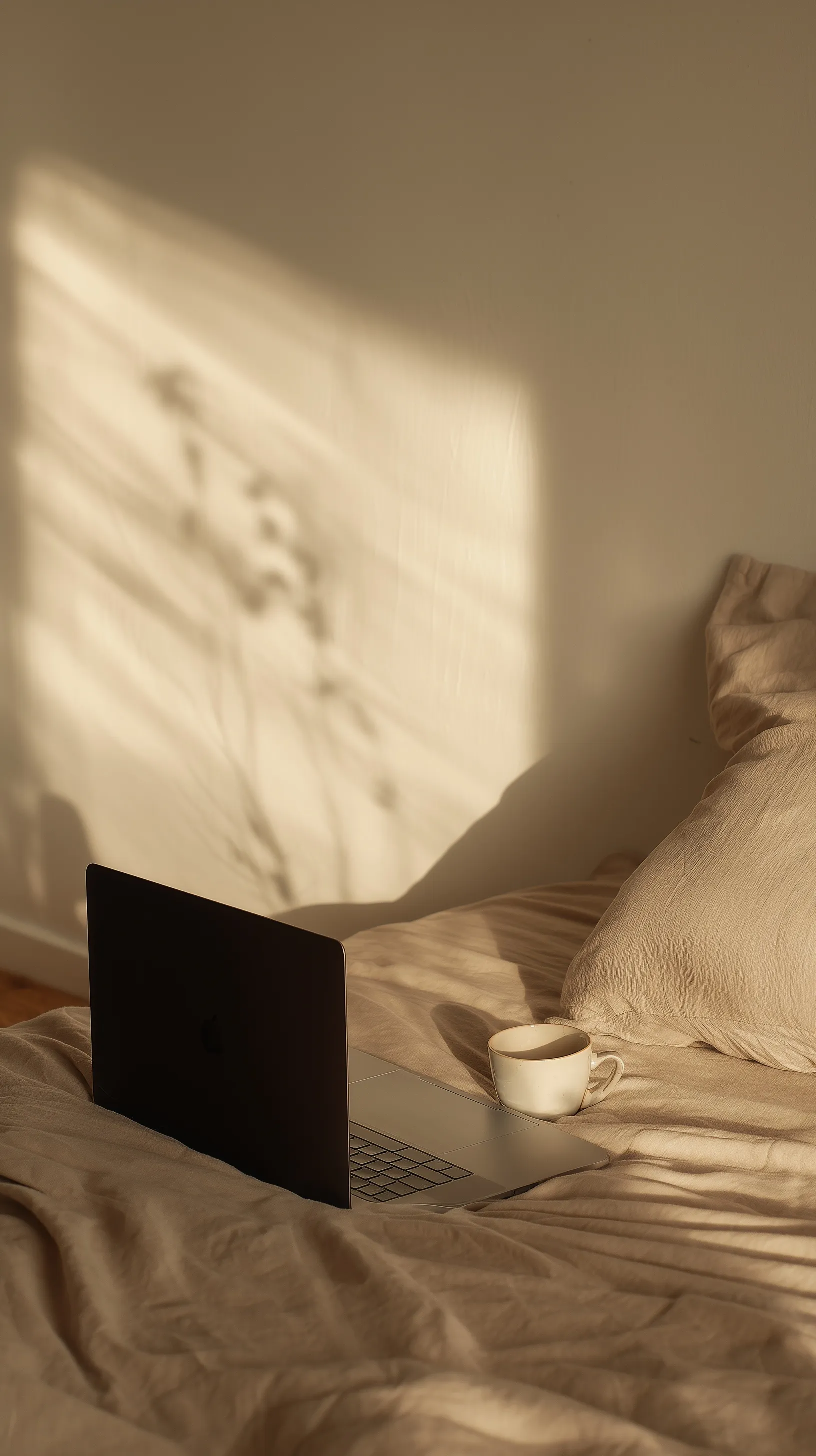 Morning coffee and laptop on a beige bed sheet with soft sunlight in a minimalist bedroom.