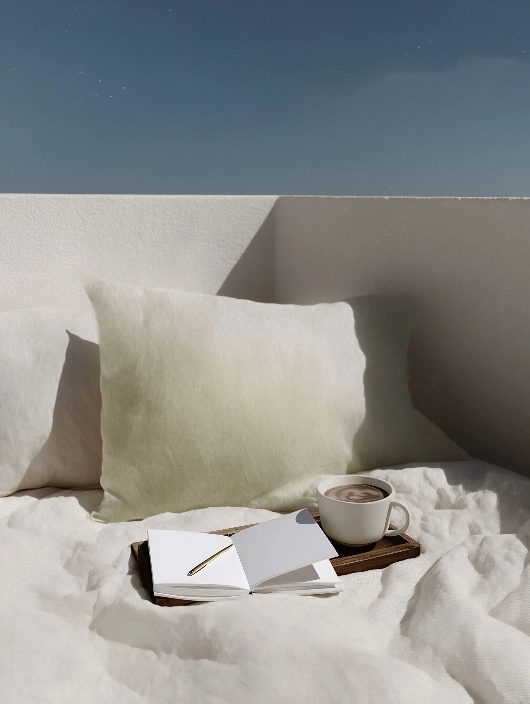 Cozy morning coffee scene in a luxury bedroom with steaming cacao, a guided journal, and soft linen bedding.