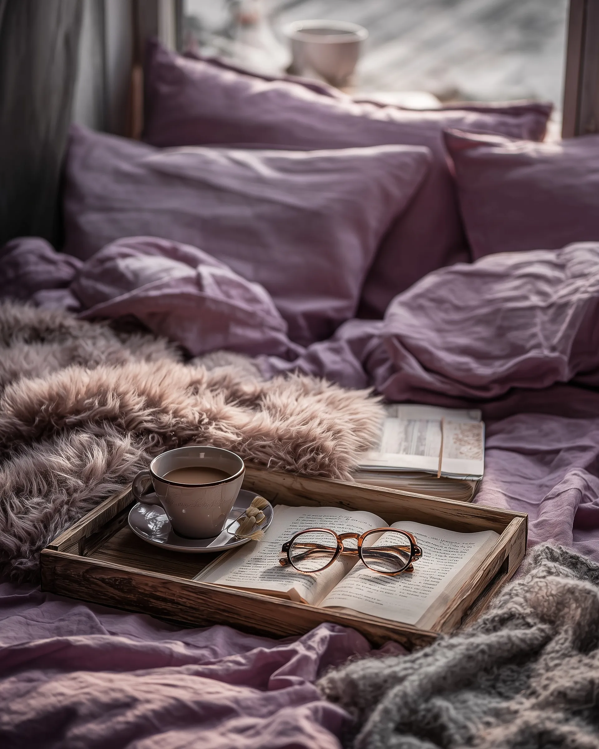 Cozy morning coffee on a bed with purple pastel linens, a book, glasses, and a warm fluffy blanket in natural light.