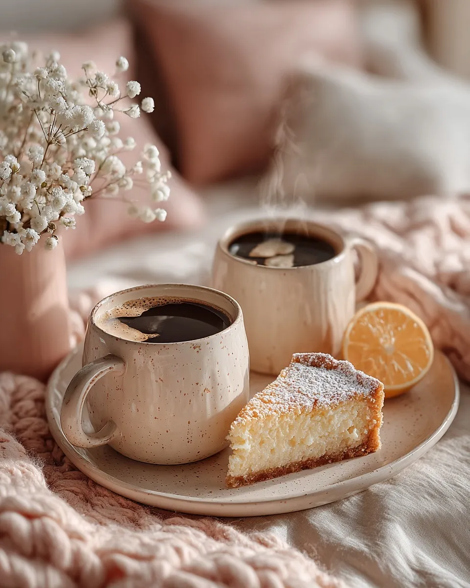 Cozy morning coffee and lemon tart served on silk bed linens with soft natural lighting and pastel aesthetics.
