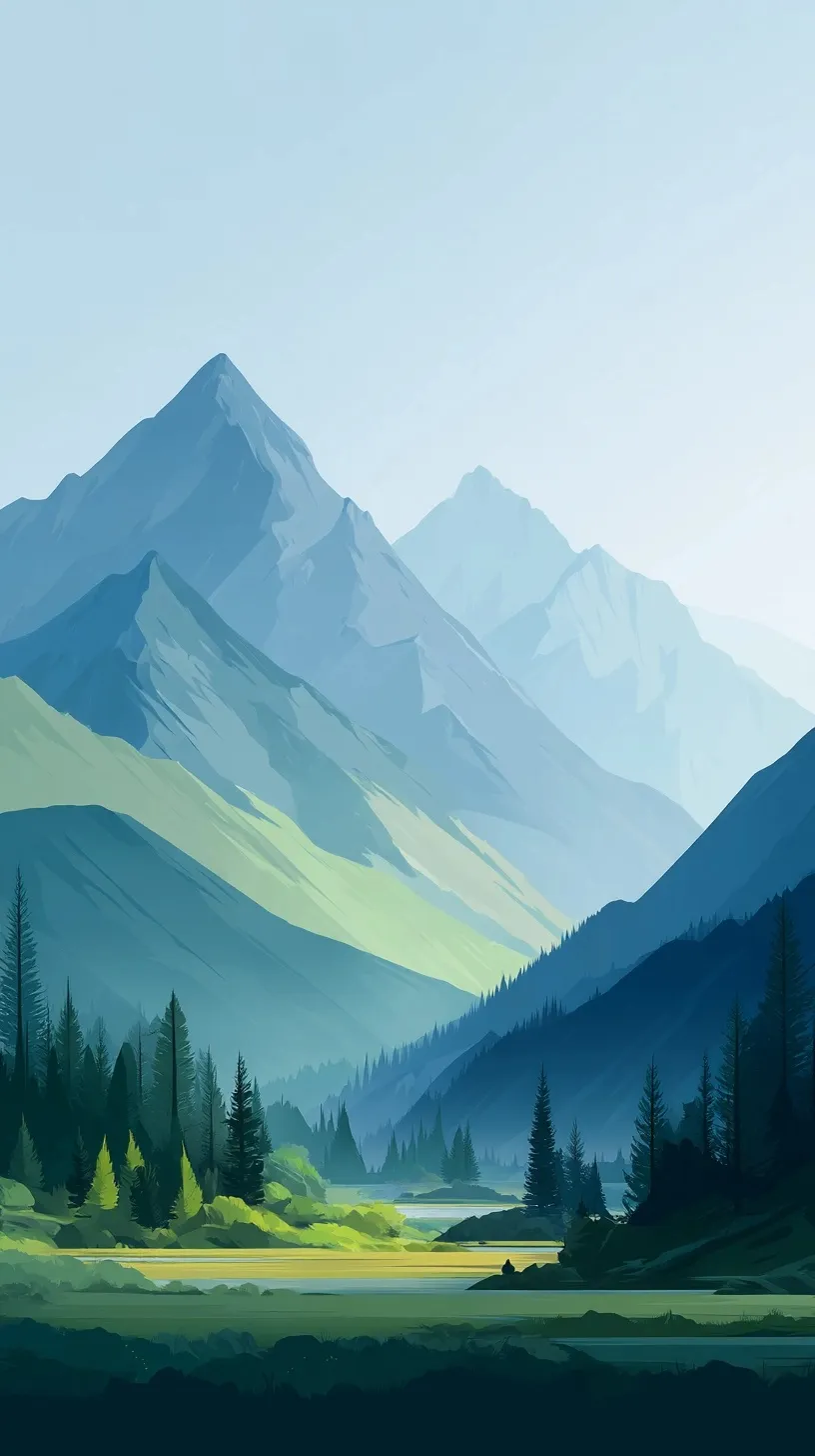 Minimalist flat vector mountain landscape wallpaper for iPhone 17 Pro Max in green and blue pastel colors.