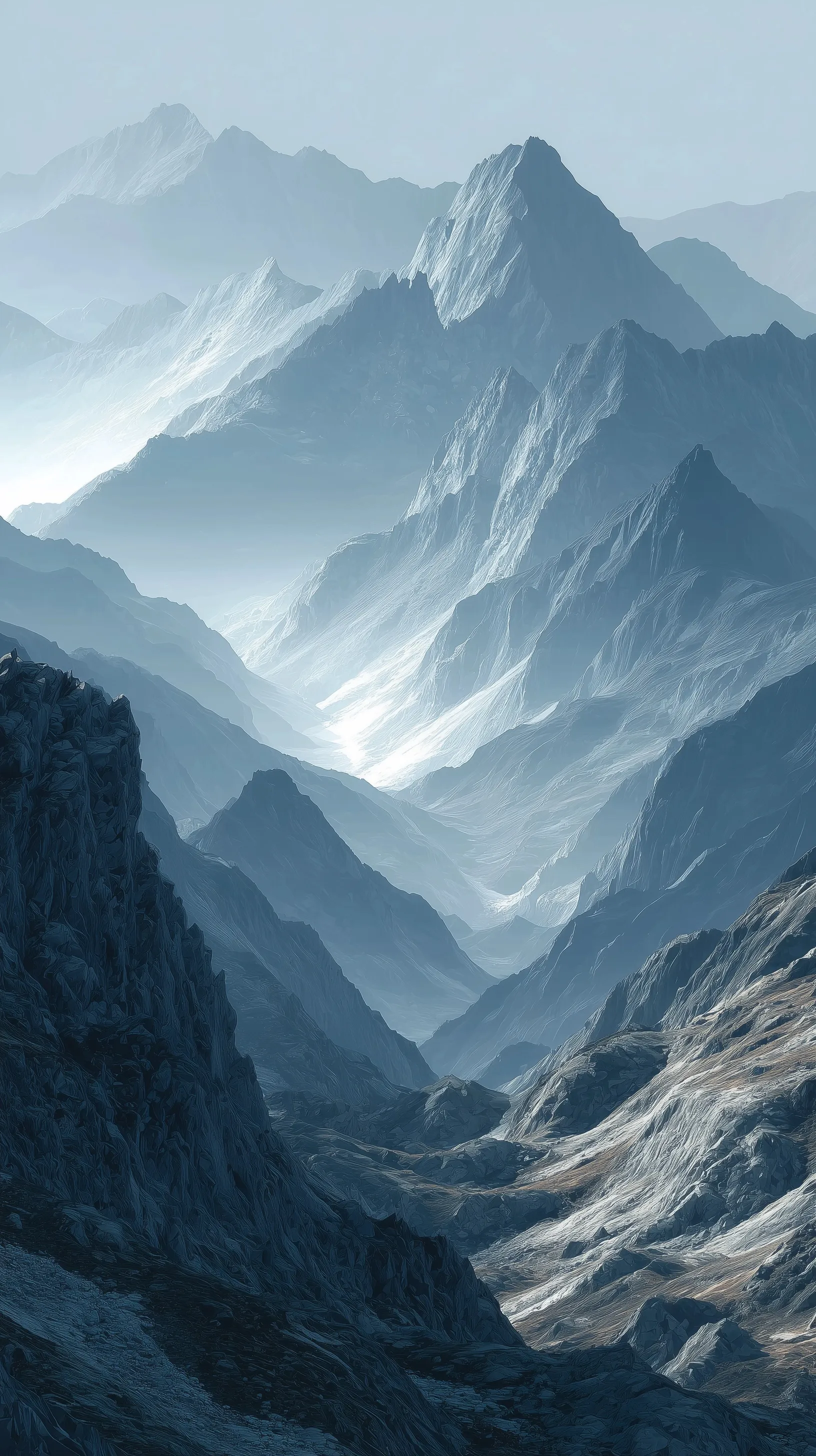 Minimalist mountain landscape wallpaper for iPhone 17 Pro Max in light gray and blue on a clean white background.