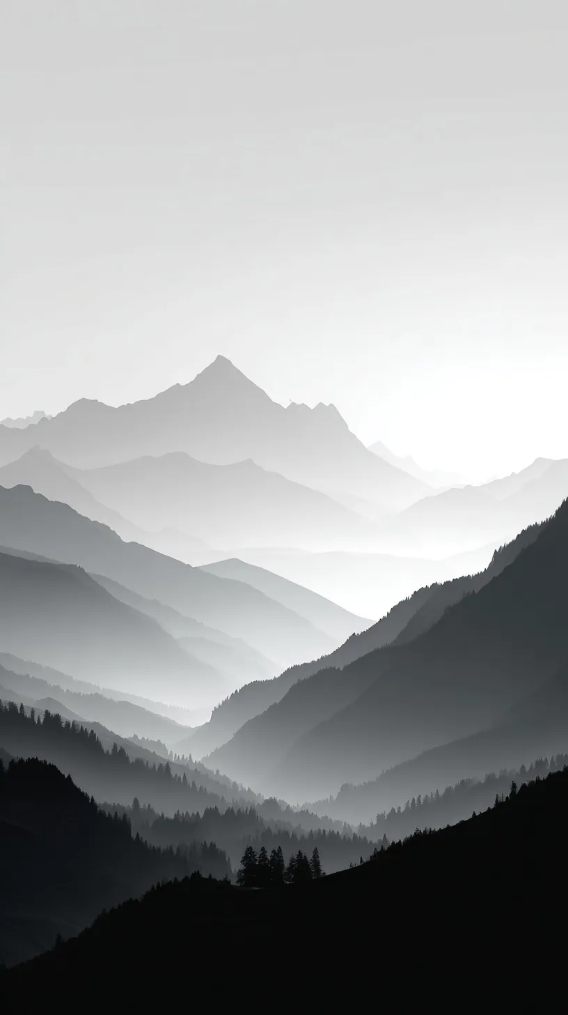 Minimalist monochromatic mountain landscape wallpaper for iPhone 17 Pro Max in a clean vector gradient style.