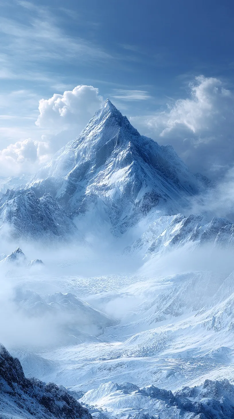 Snow-capped mountain range wallpaper for iPhone 17 Pro Max with blue sky and frost-covered device screen.
