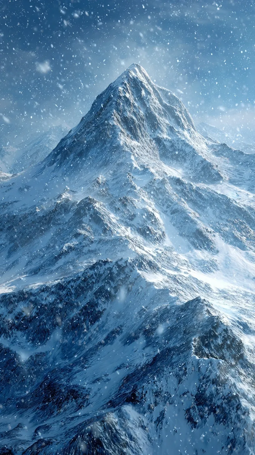 Aerial view of a majestic snow-covered mountain peak during heavy snowfall, 8K surreal winter landscape.