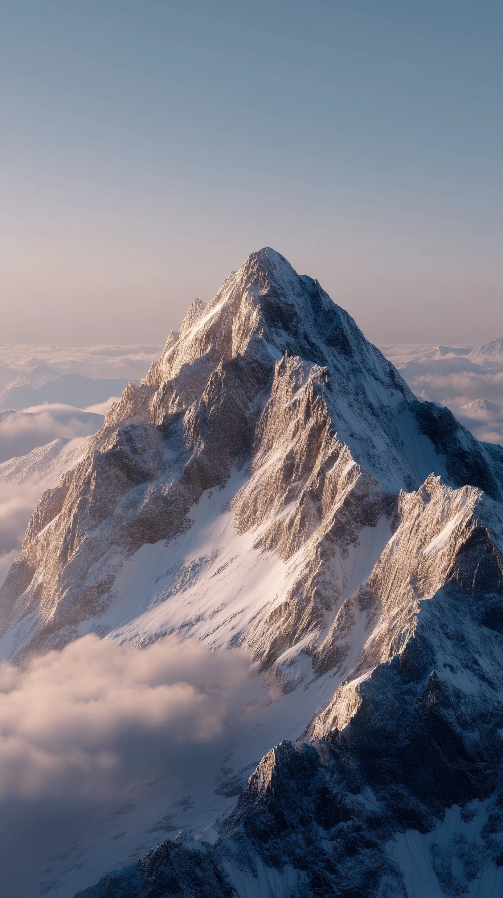 Alpine mountain peak above clouds at golden hour, portrait view with negative space for iPhone 17 Pro Max wallpaper.