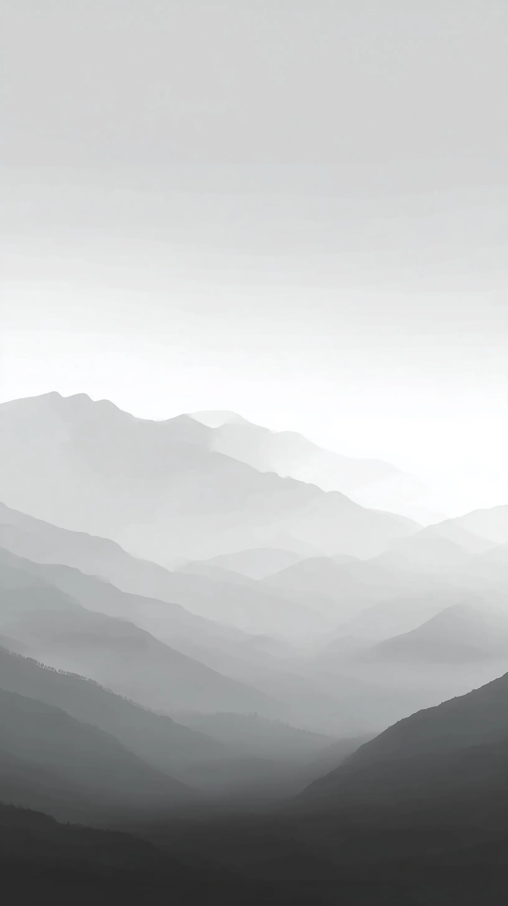Minimalist mountain wallpaper for iPhone 17 Pro Max featuring a subtle soft grey to white gradient aesthetic.