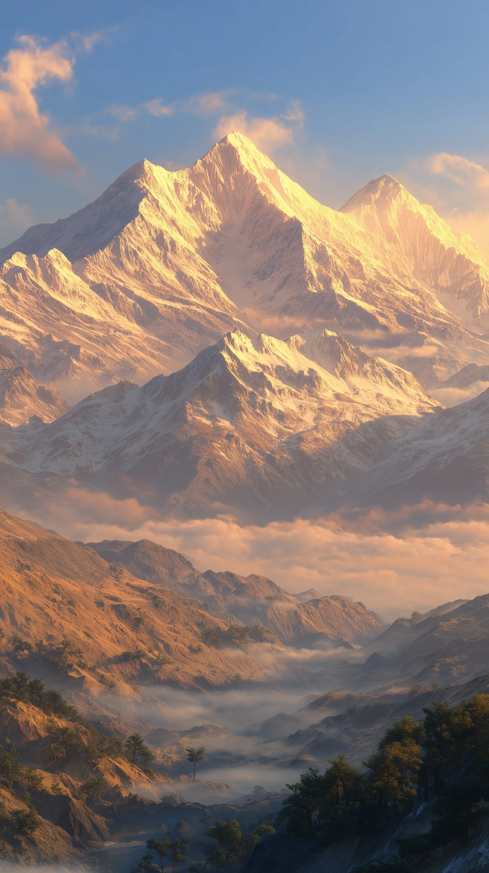 Majestic golden mountain at sunrise with glowing peaks and morning mist for iPhone 17 Pro Max wallpaper.