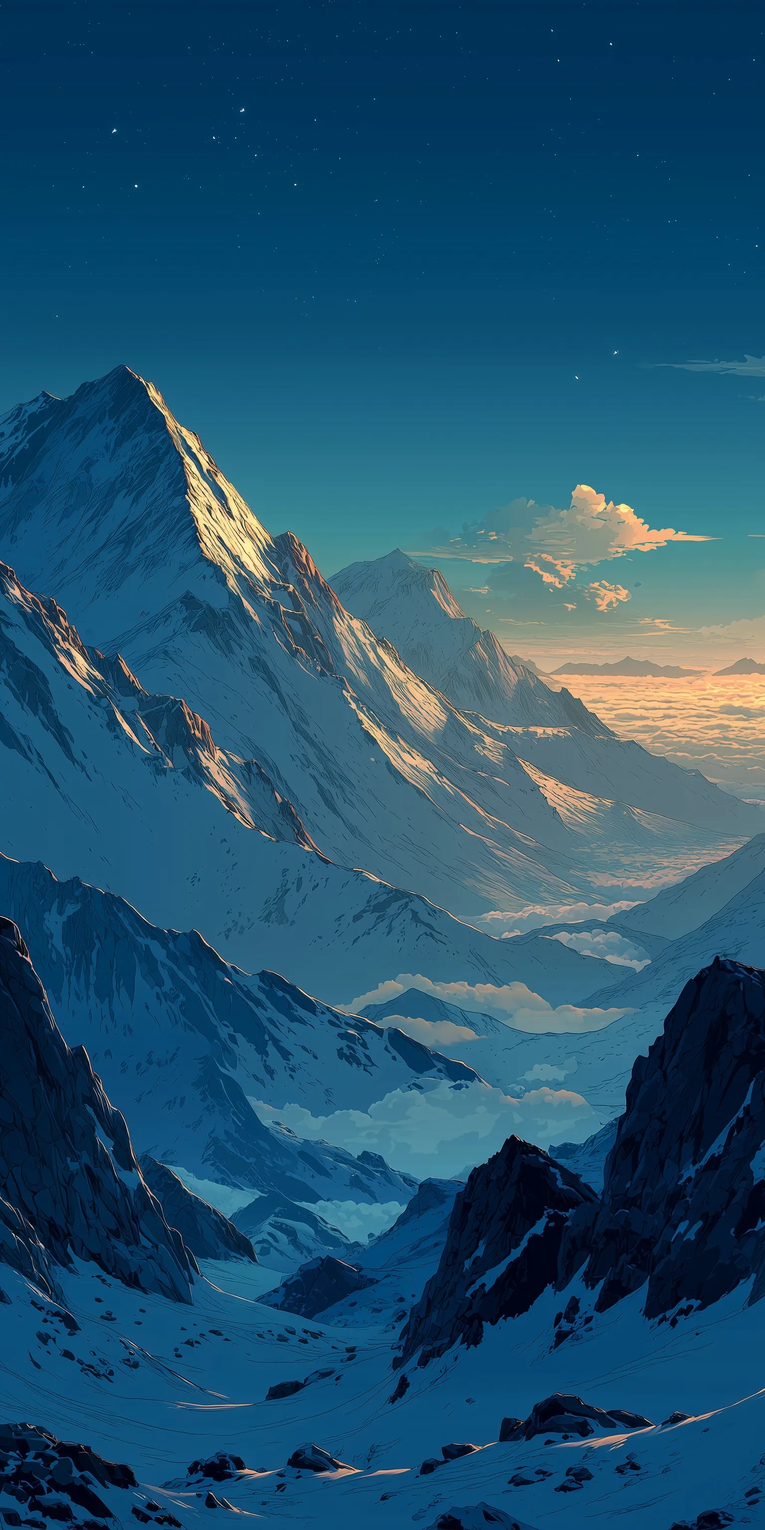 Makoto Shinkai style snowy mountain range night wallpaper for iPhone 17 Pro Max with glowing atmospheric lighting.