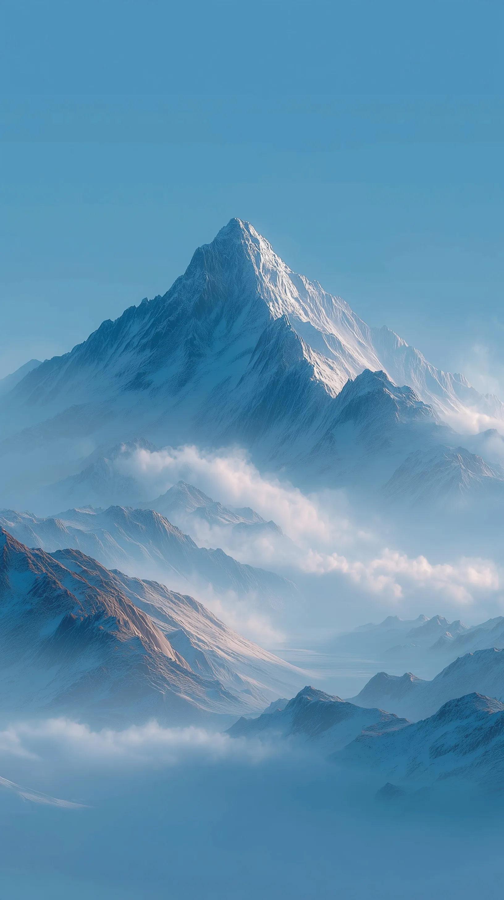 Minimalist 3D mountain peak rising above soft white clouds against a bright blue sky for iPhone 17 Pro Max.