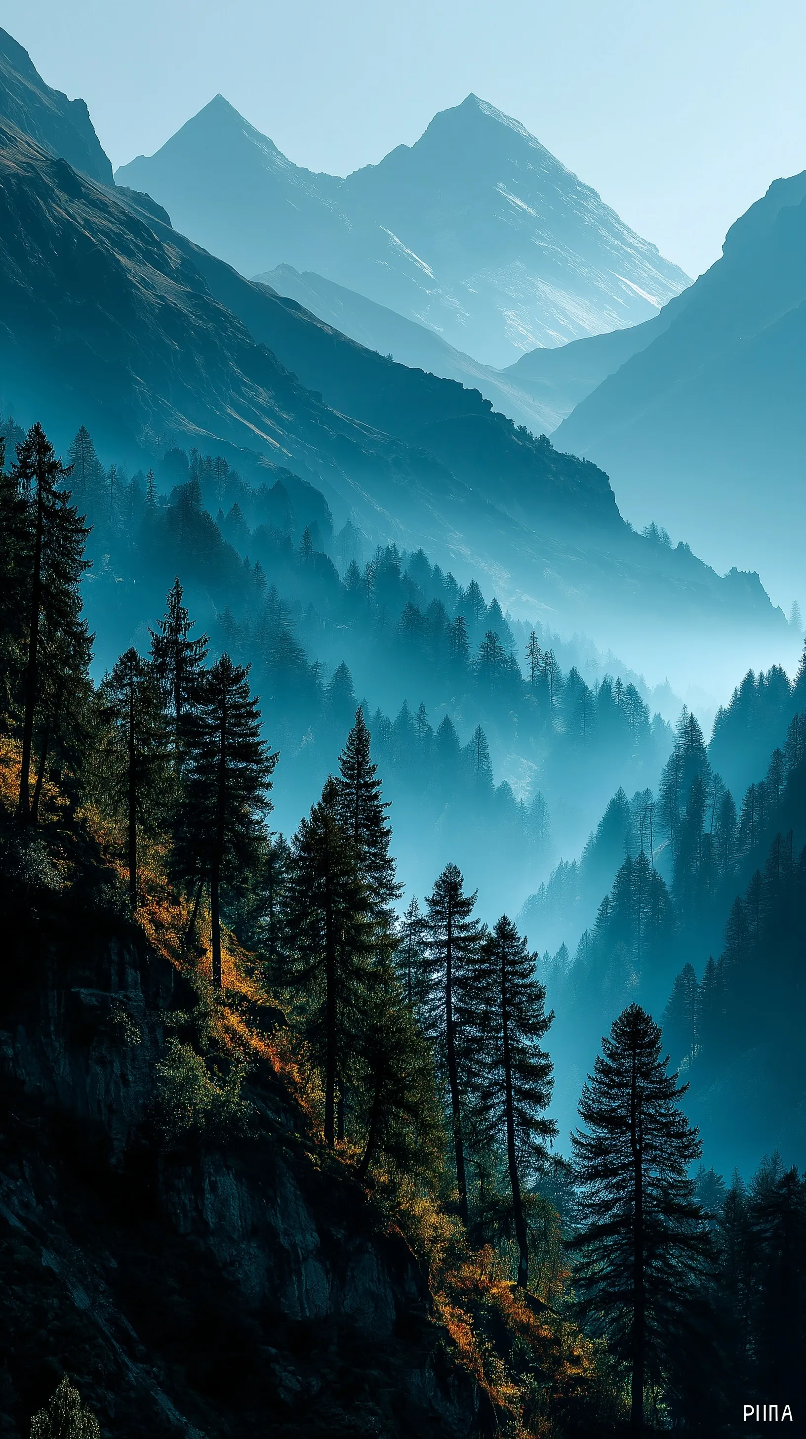 Abstract mountain forest landscape wallpaper with soft motion blur, mist, and dreamy cinematic light.
