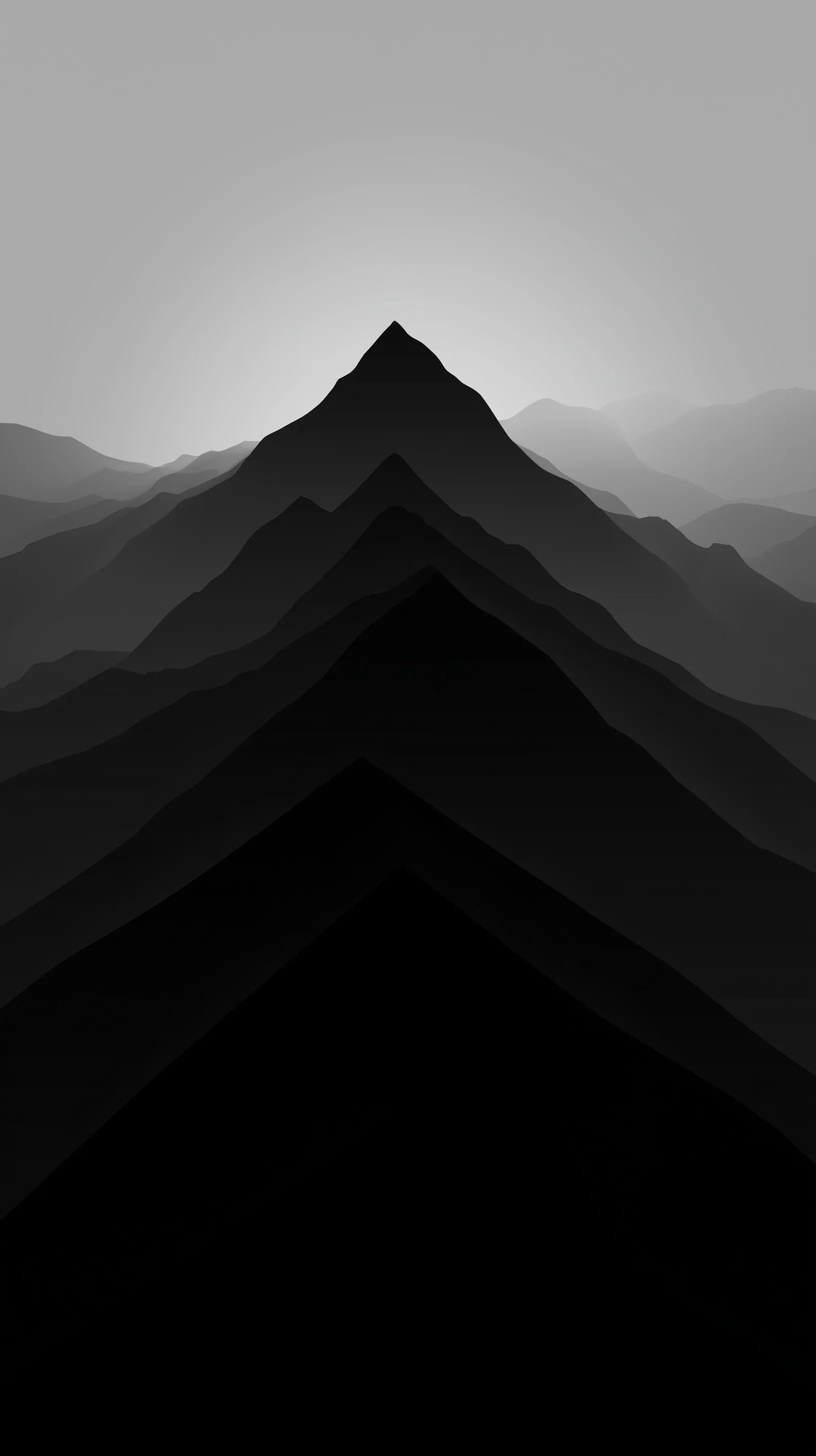 Minimalist 3D black mountain silhouette wallpaper for iPhone 17 Pro Max with geometric layered topographic design.