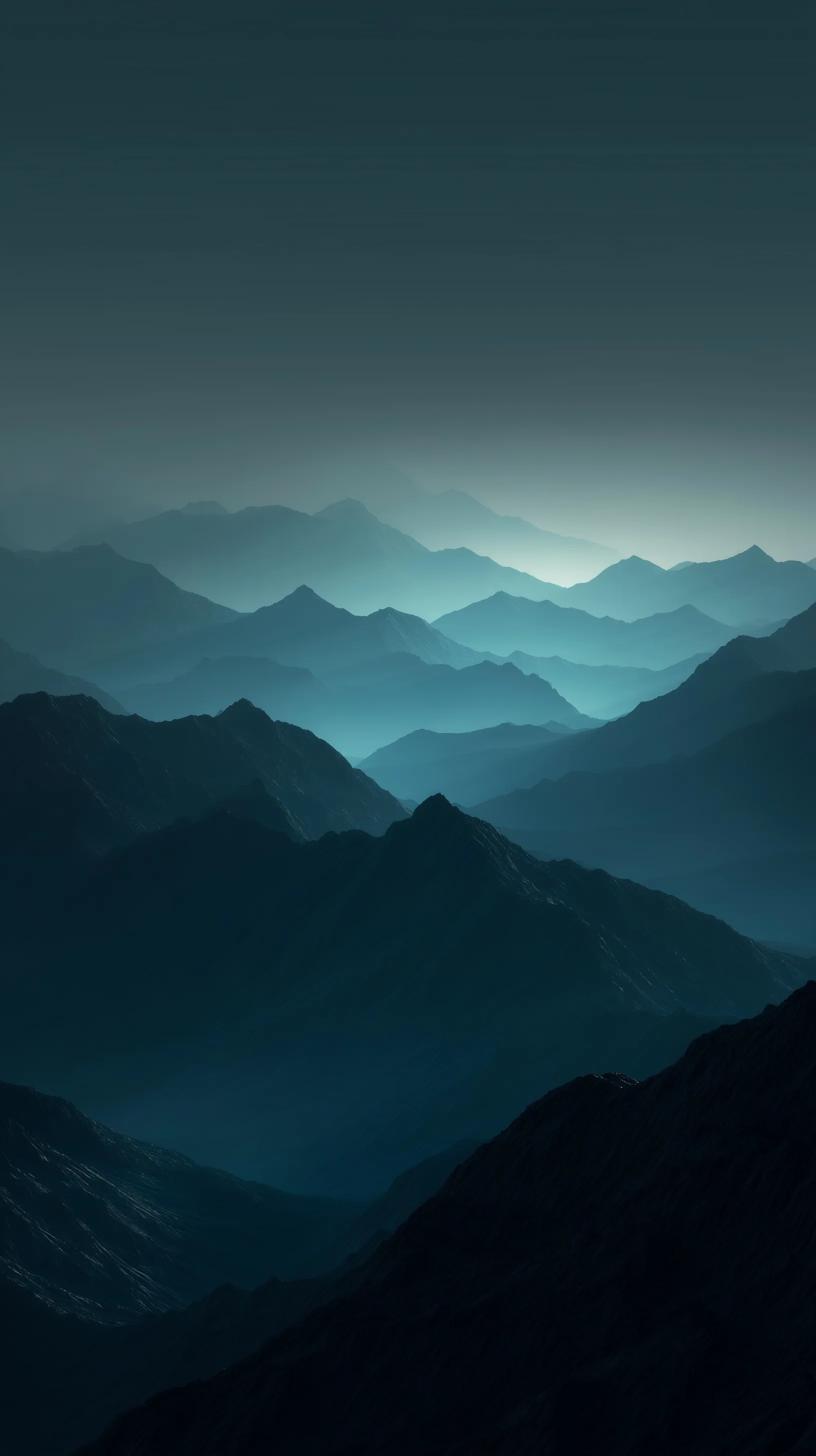Cinematic dark night mountain wallpaper with soft moonlight for iPhone 17 Pro Max, featuring minimalist blue silhouettes.