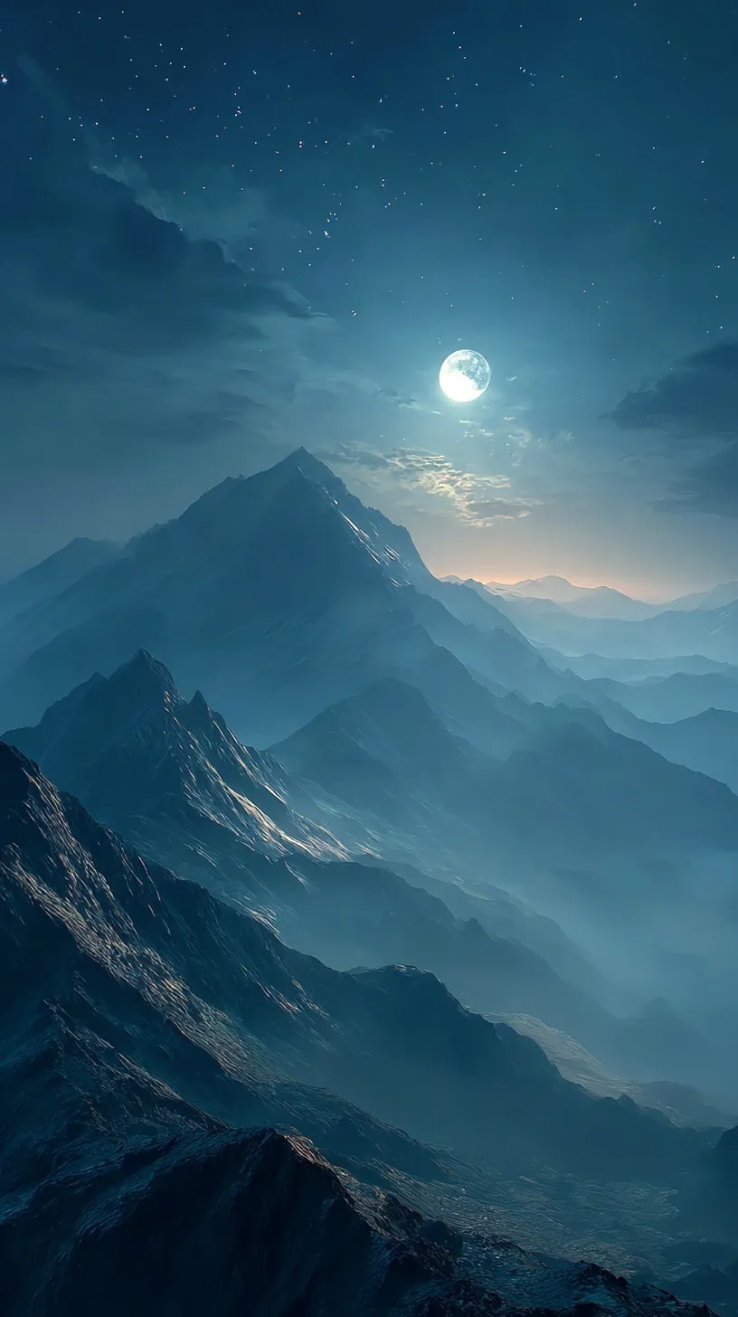 Aerial view of silhouetted mountain peaks under a cold moon and stars for iPhone 17 Pro Max wallpaper.