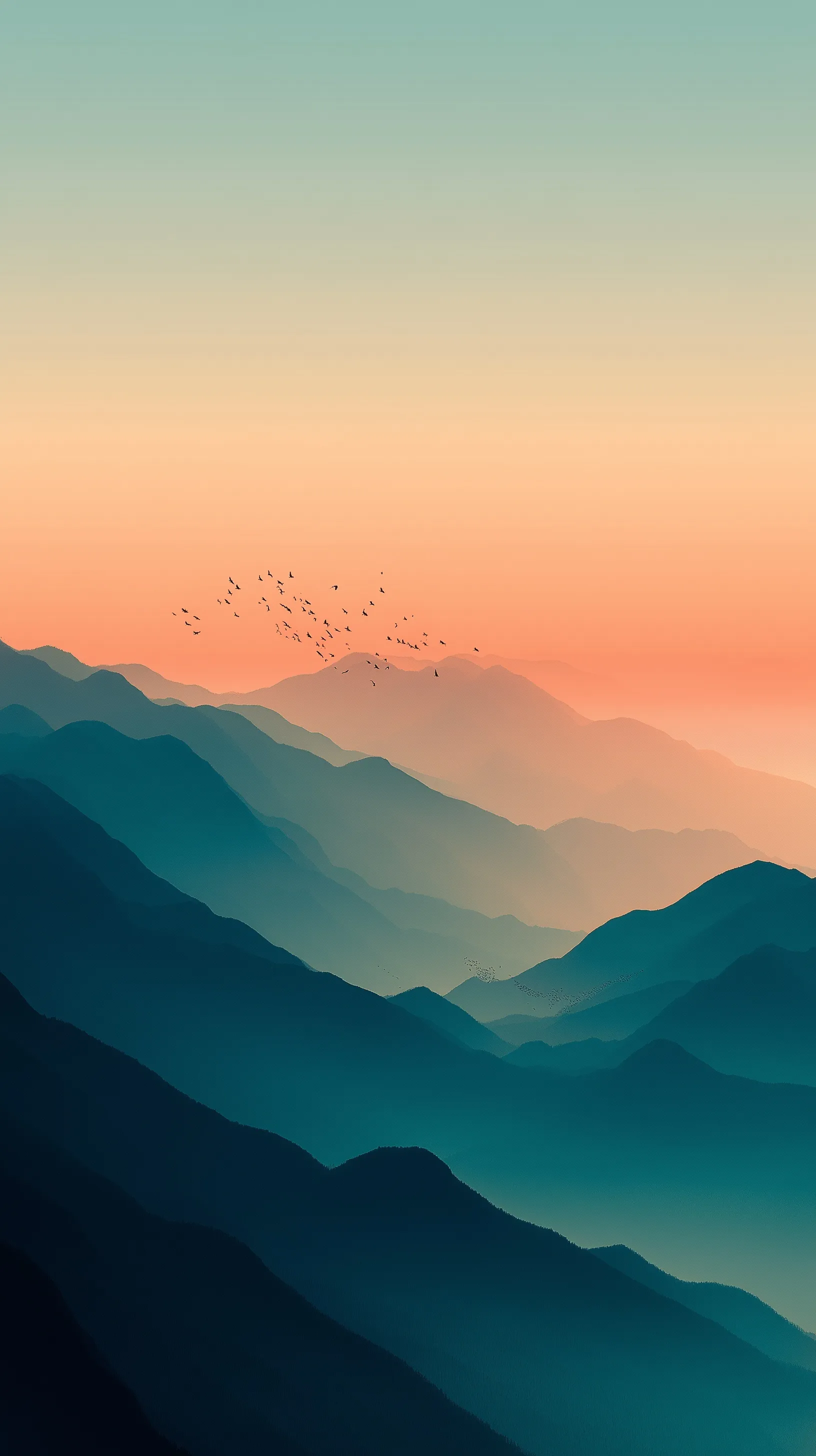 Layered misty mountains at golden hour, a serene landscape with birds for iPhone 17 Pro Max wallpaper.