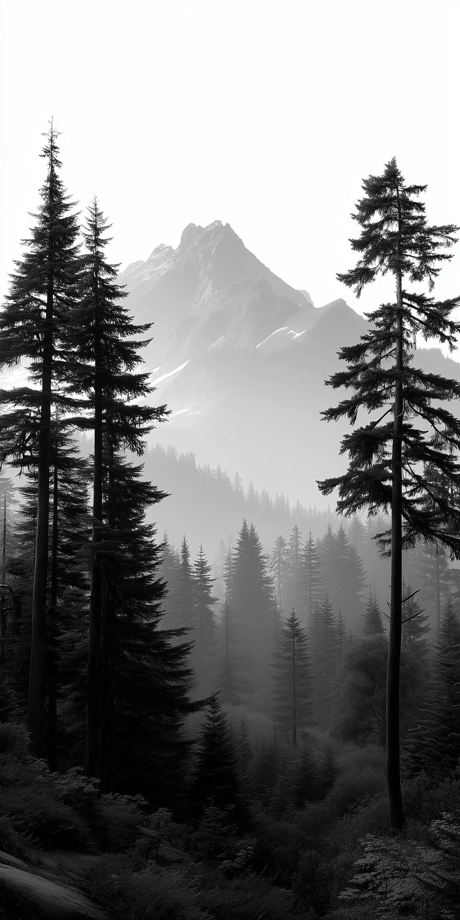 Minimalist grayscale Pacific Northwest mountain and forest landscape wallpaper for iPhone 17 Pro Max.