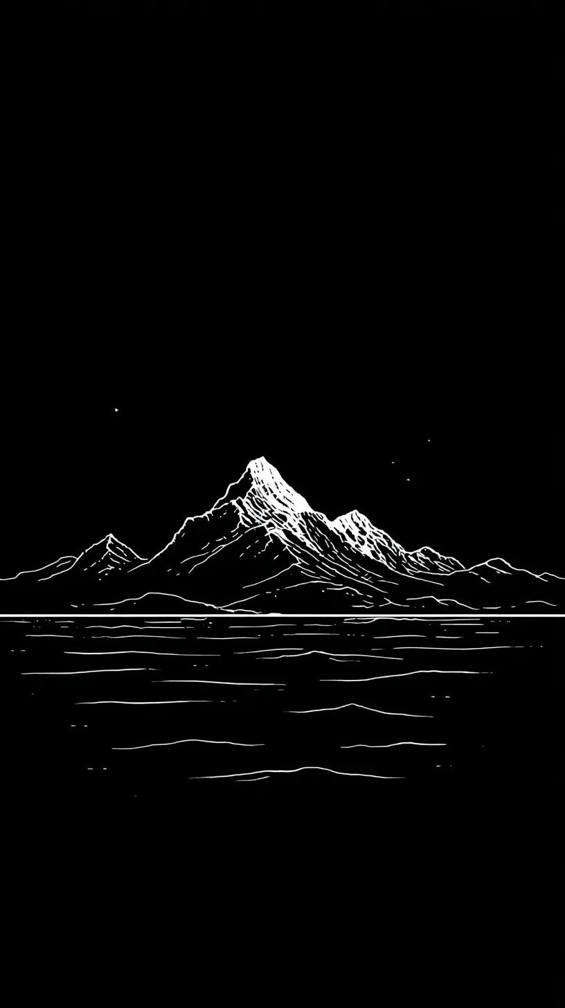 Minimalist white line art of snow-capped mountains and ocean on a black background, perfect for iPhone 17 Pro Max.