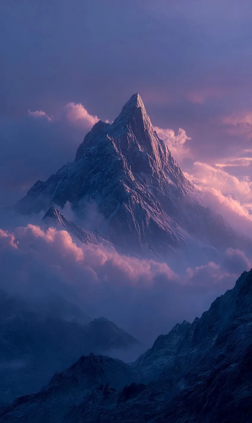 Majestic mountain peak at sunrise with mist, 8K photorealistic wallpaper for iPhone 17 Pro Max.