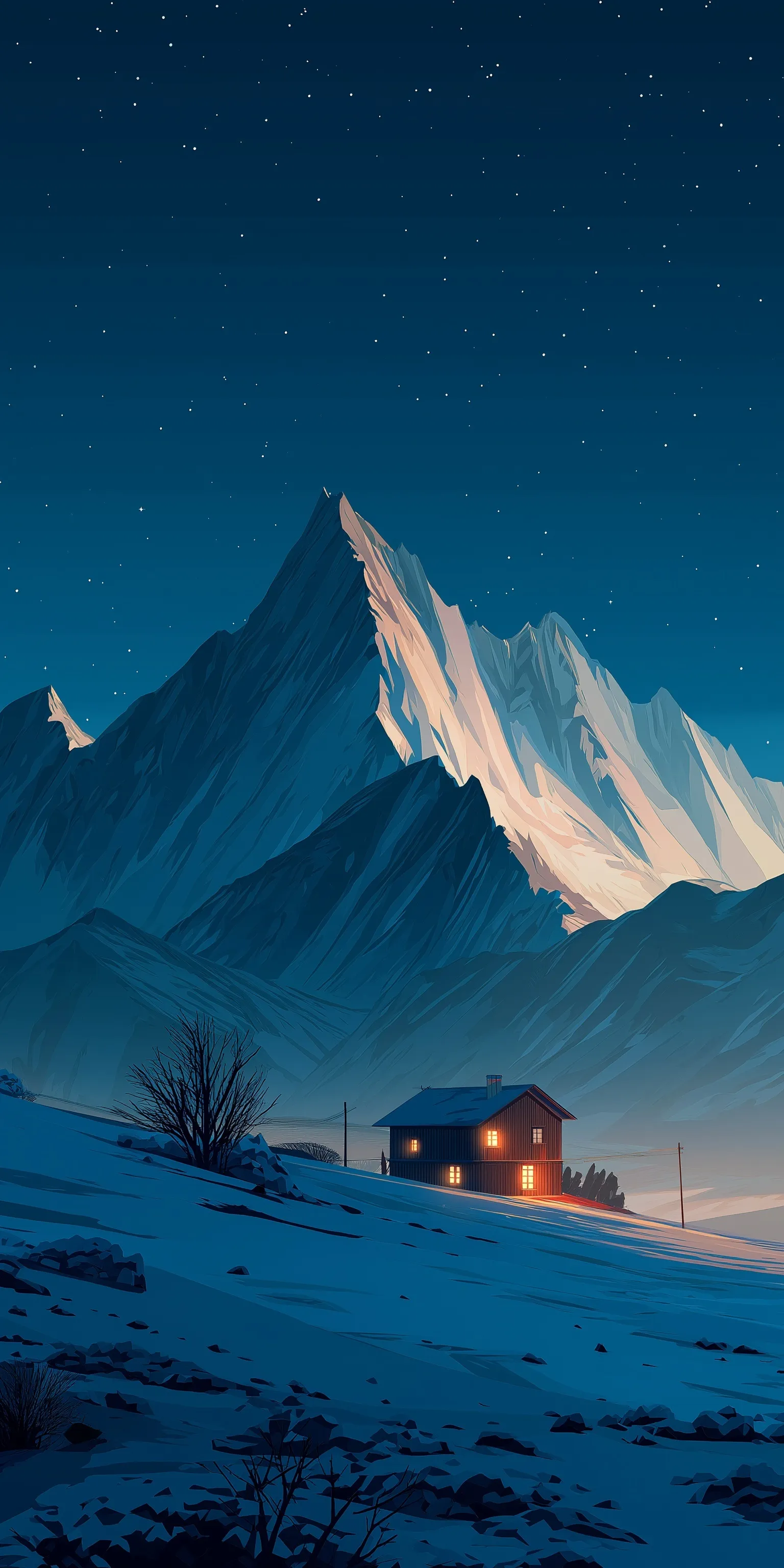 Cinematic mountain landscape with a glowing cabin on a snowy field under a starry night sky for iPhone 17 Pro Max.