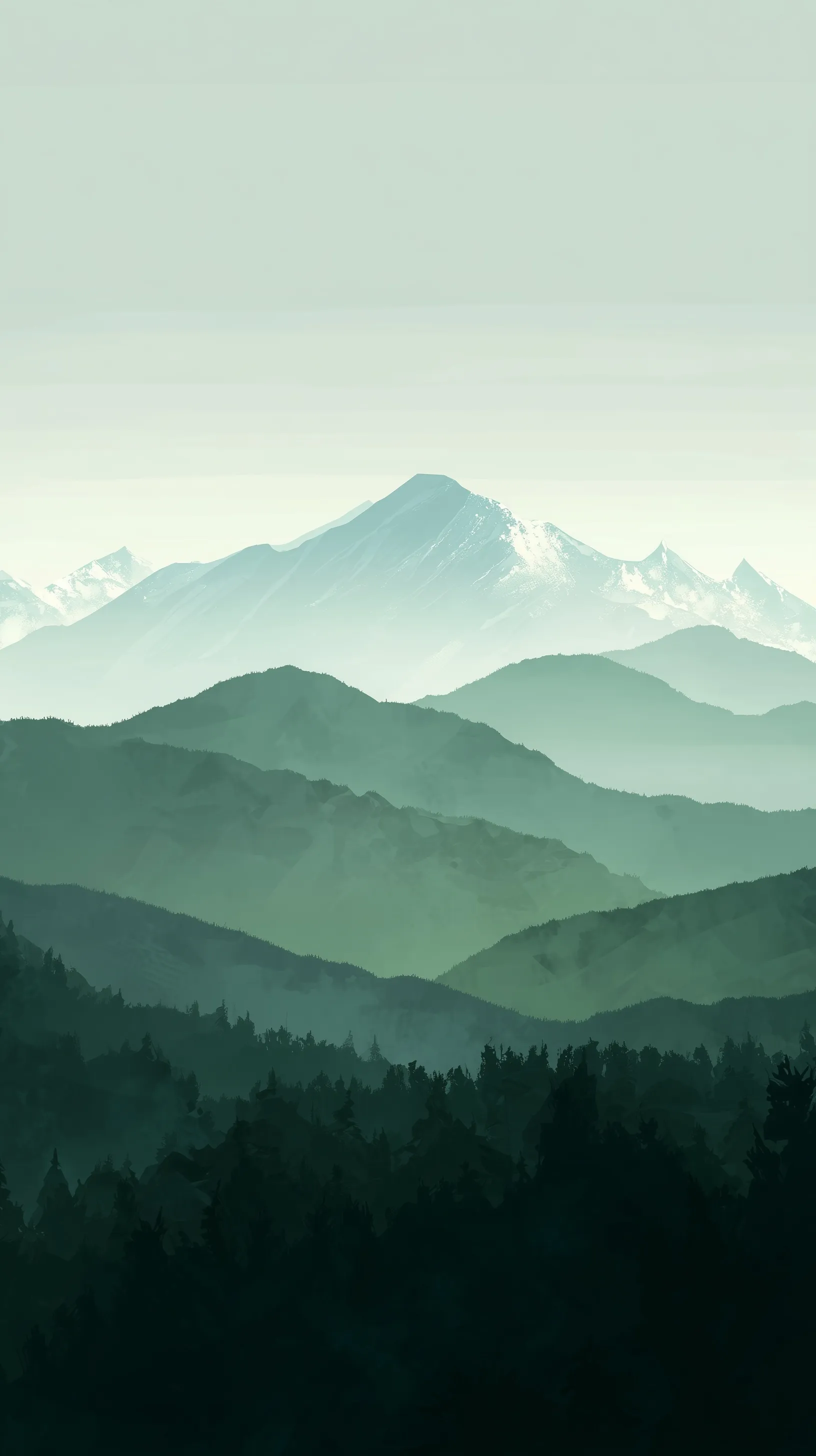 Minimalist oil painting of layered green mountains and snow-capped peaks, vertical mobile wallpaper background.