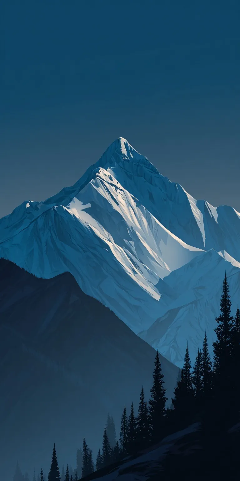 Minimalist vector mountain wallpaper in icy blue and indigo, perfect for iPhone 17 Pro Max high-res screens.