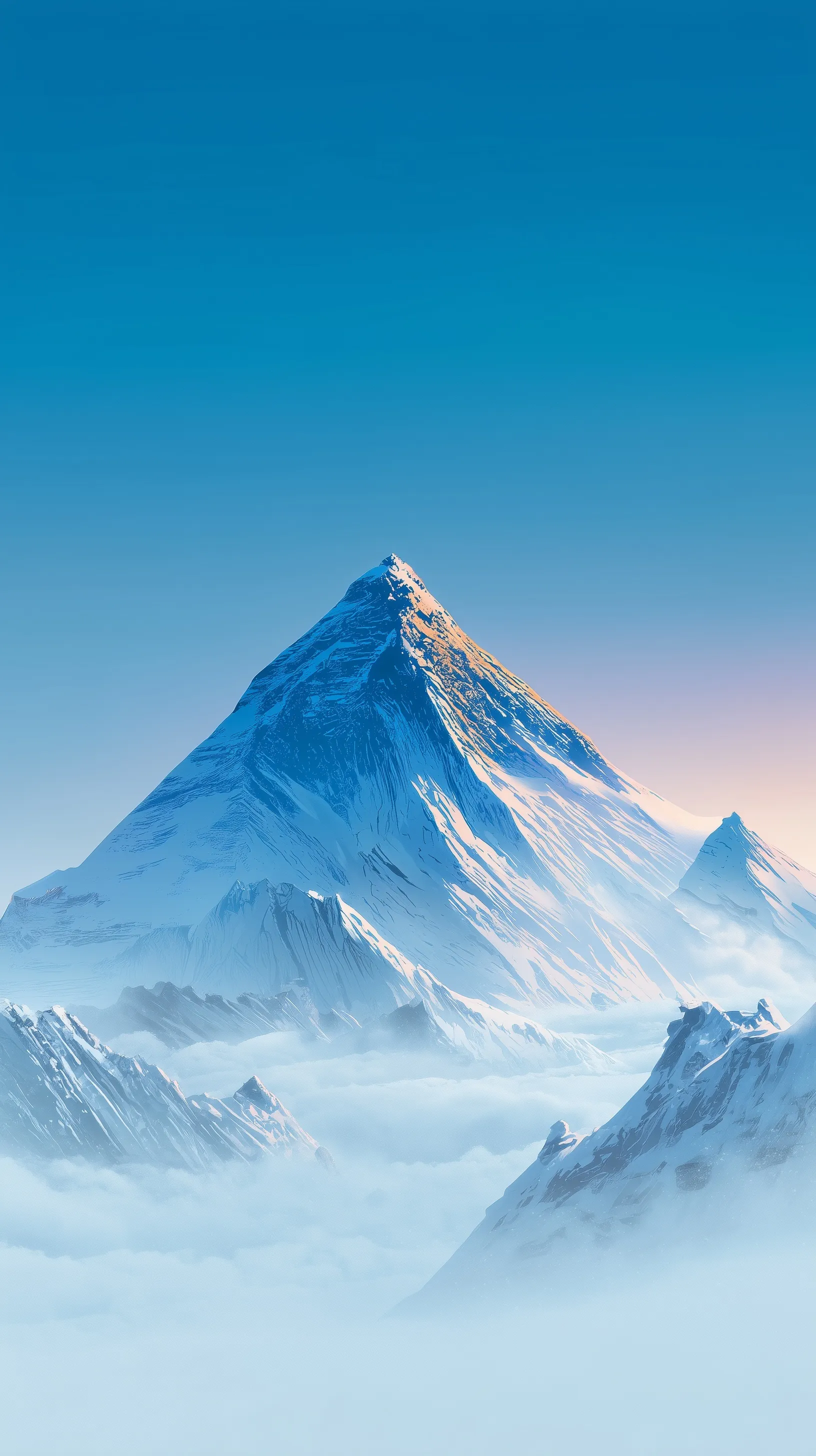 Mount Everest peak above clouds, cinematic 2D comic style wallpaper for iPhone 17 Pro Max.