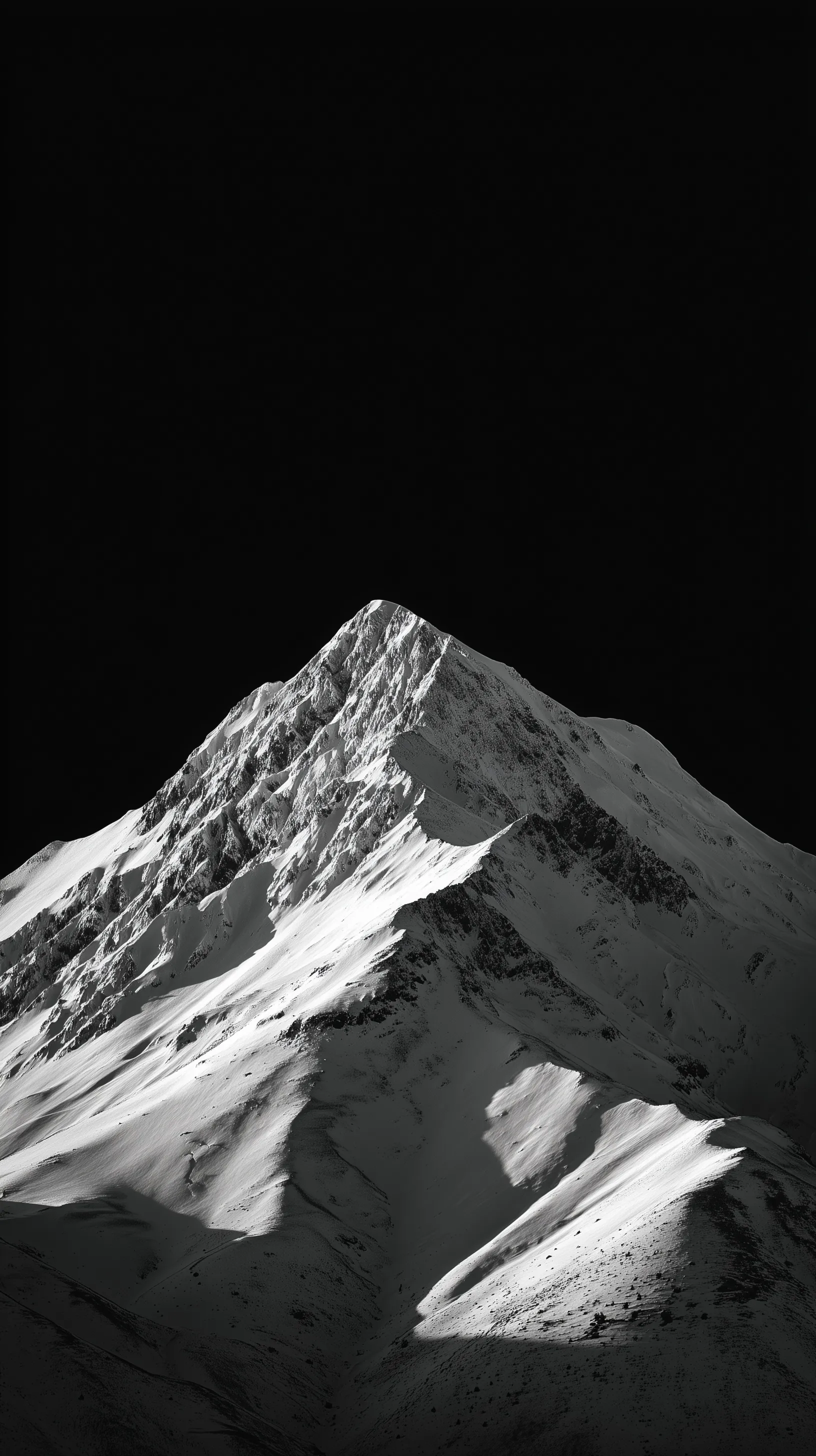 Minimalist black and white mountain wallpaper with snow, high contrast long exposure landscape for iPhone 17 Pro Max.