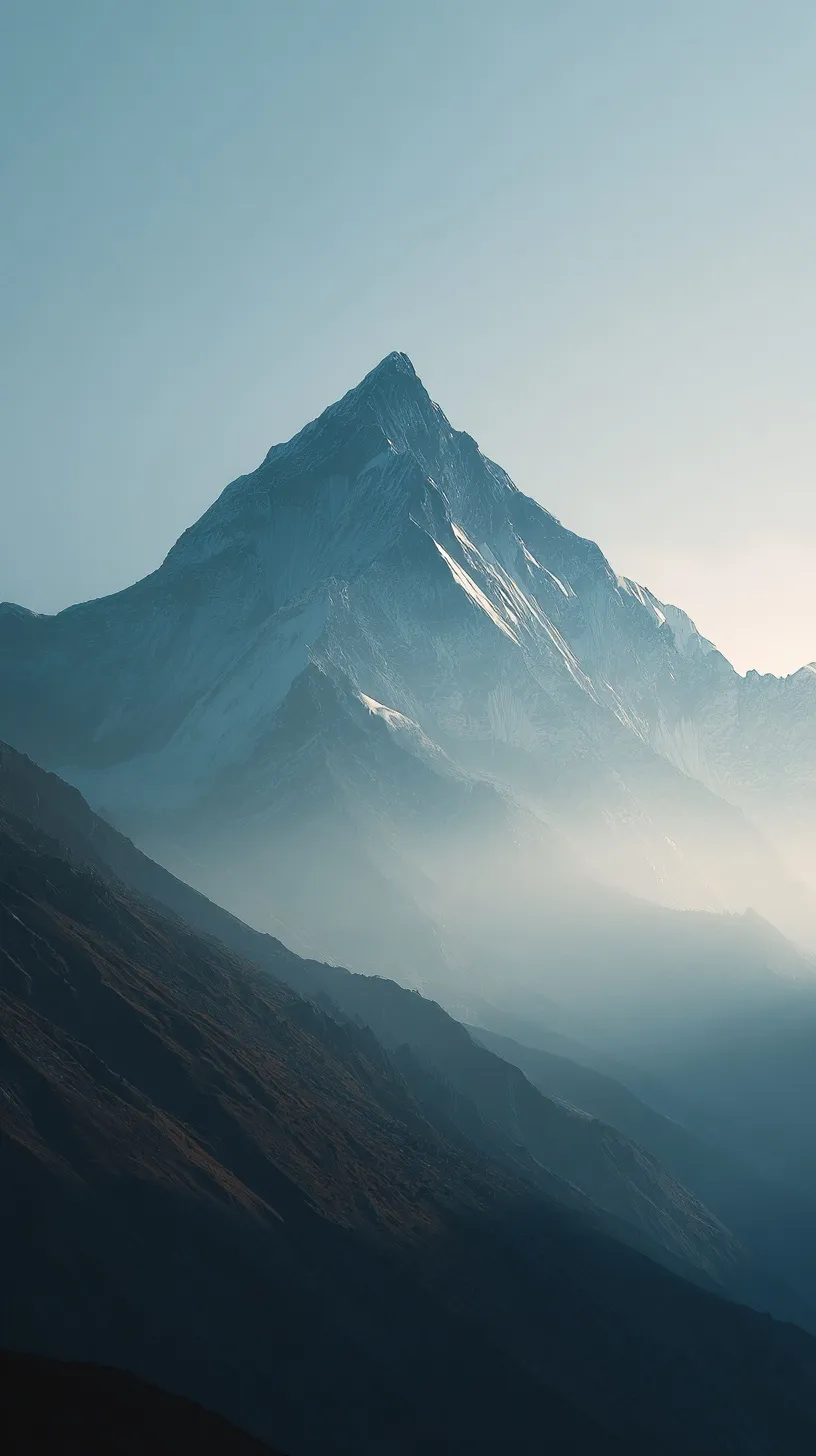 Towering mountain peak at dawn with soft mist and clear sky, cinematic minimalist iPhone 17 Pro Max wallpaper.
