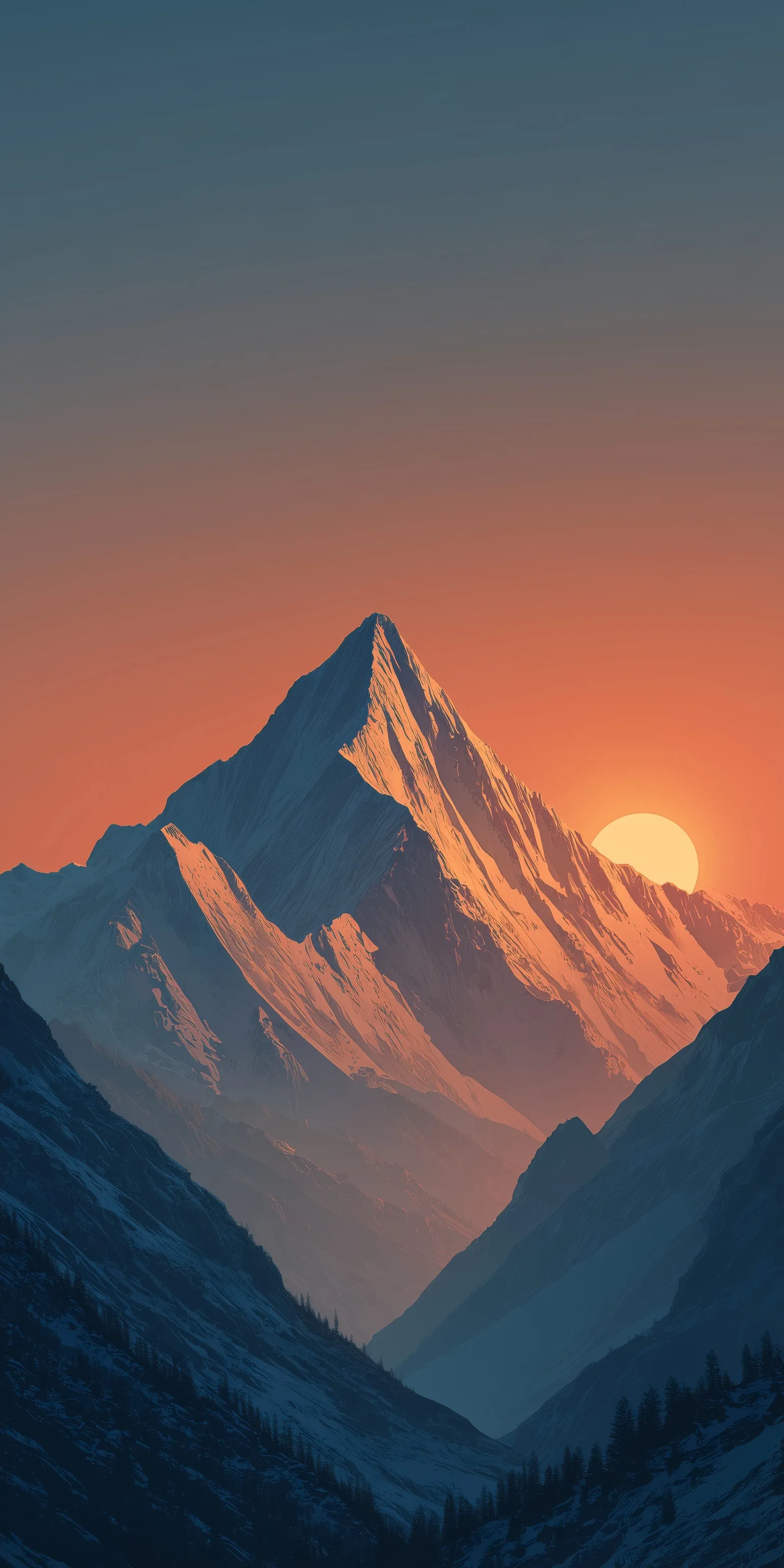 Flat vector illustration of snow-capped Mount Gongga at sunrise with a dark, smooth gradient for iPhone wallpaper.