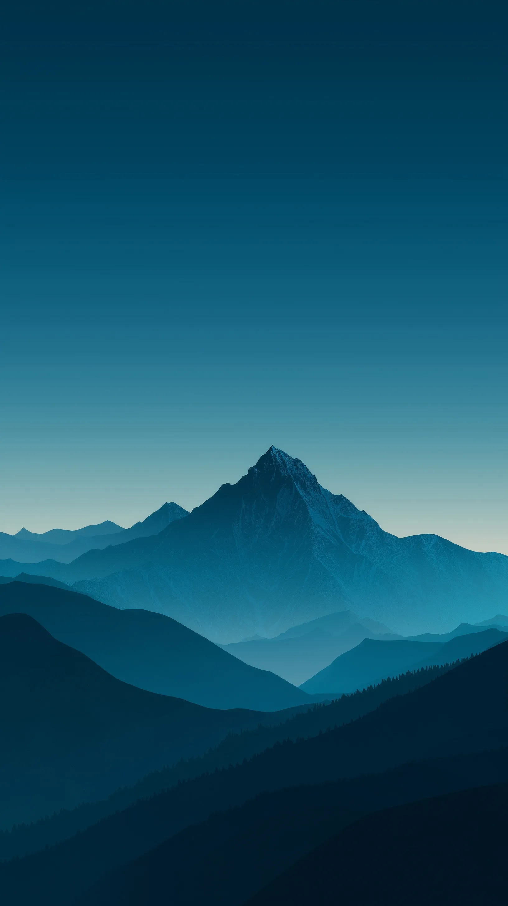 Minimalist teal-blue mountain landscape wallpaper with a smooth gradient dark night sky for iPhone 17 Pro Max.